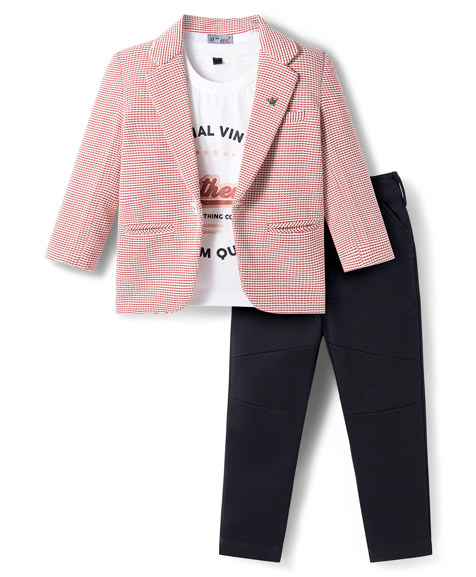 Dapper Dudes Full Sleeves Striped Blazer With Typography Printed Tee & Pant Set - Dark Orange-image-30