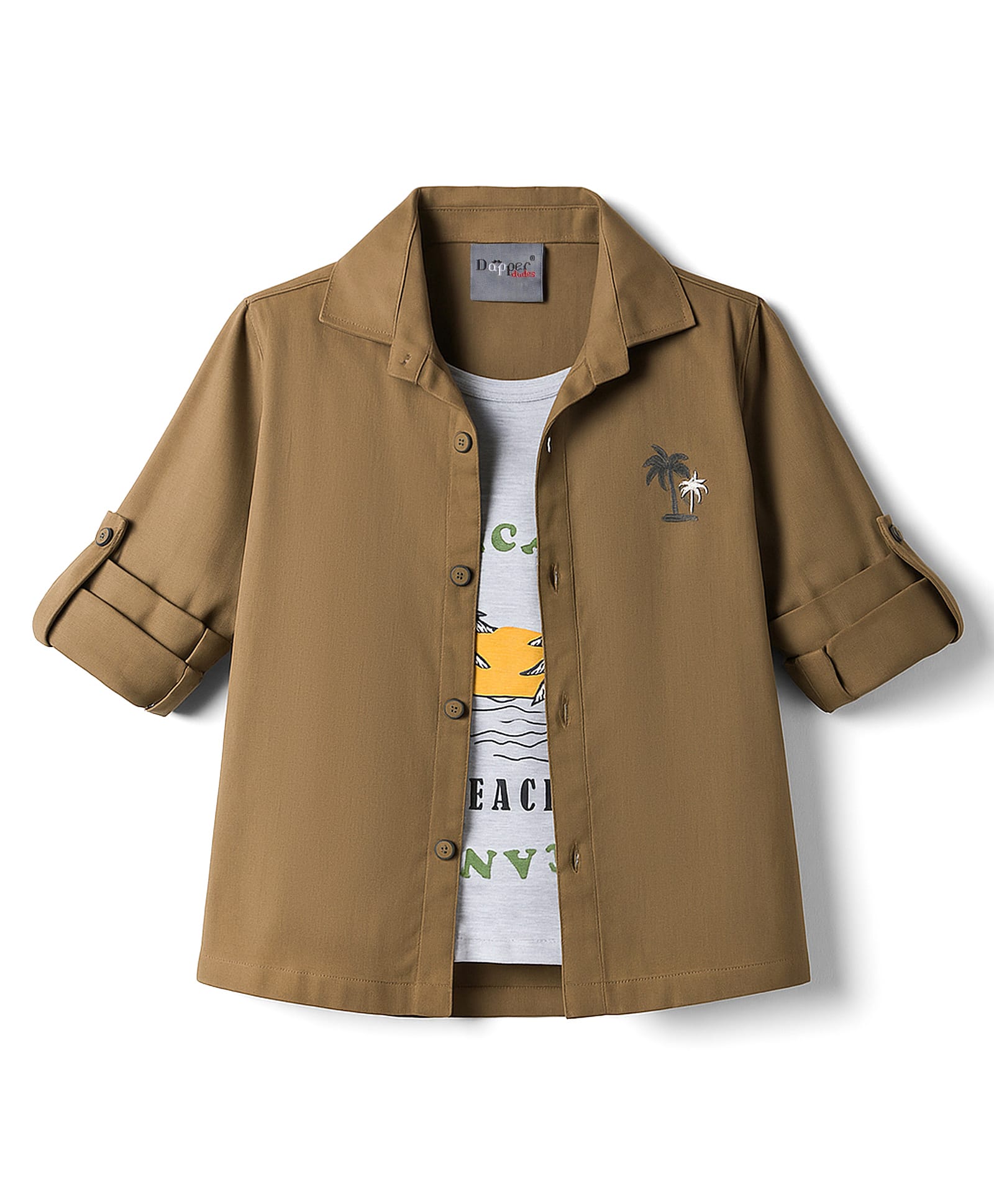 Dapper Dudes Full Sleeves Palm Trees Printed Shirt With Attached Tee - Olive Green-image-16