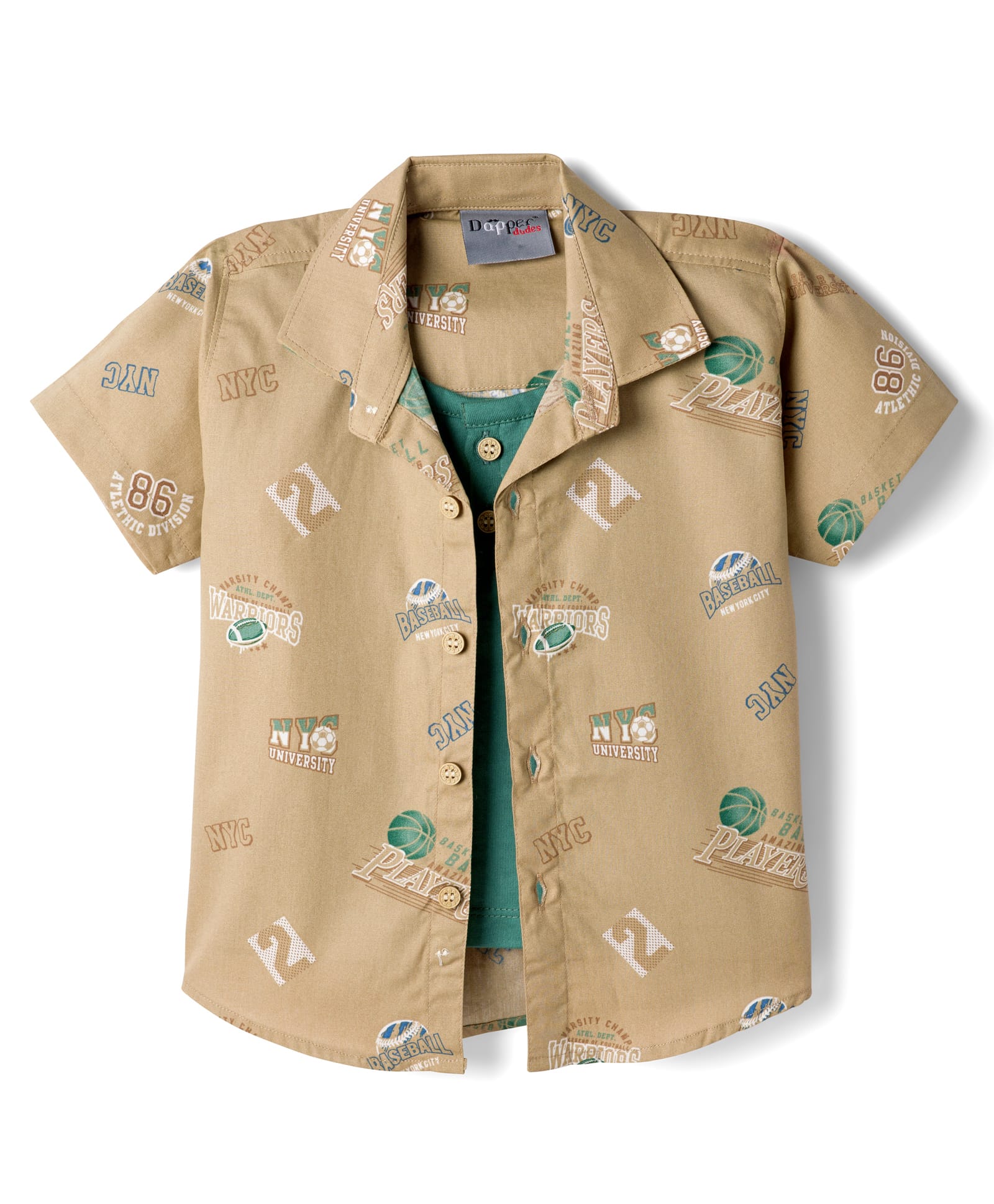 Dapper Dudes Half Sleeves Typography Printed Shirt With Attached Tee - Beige-image-1