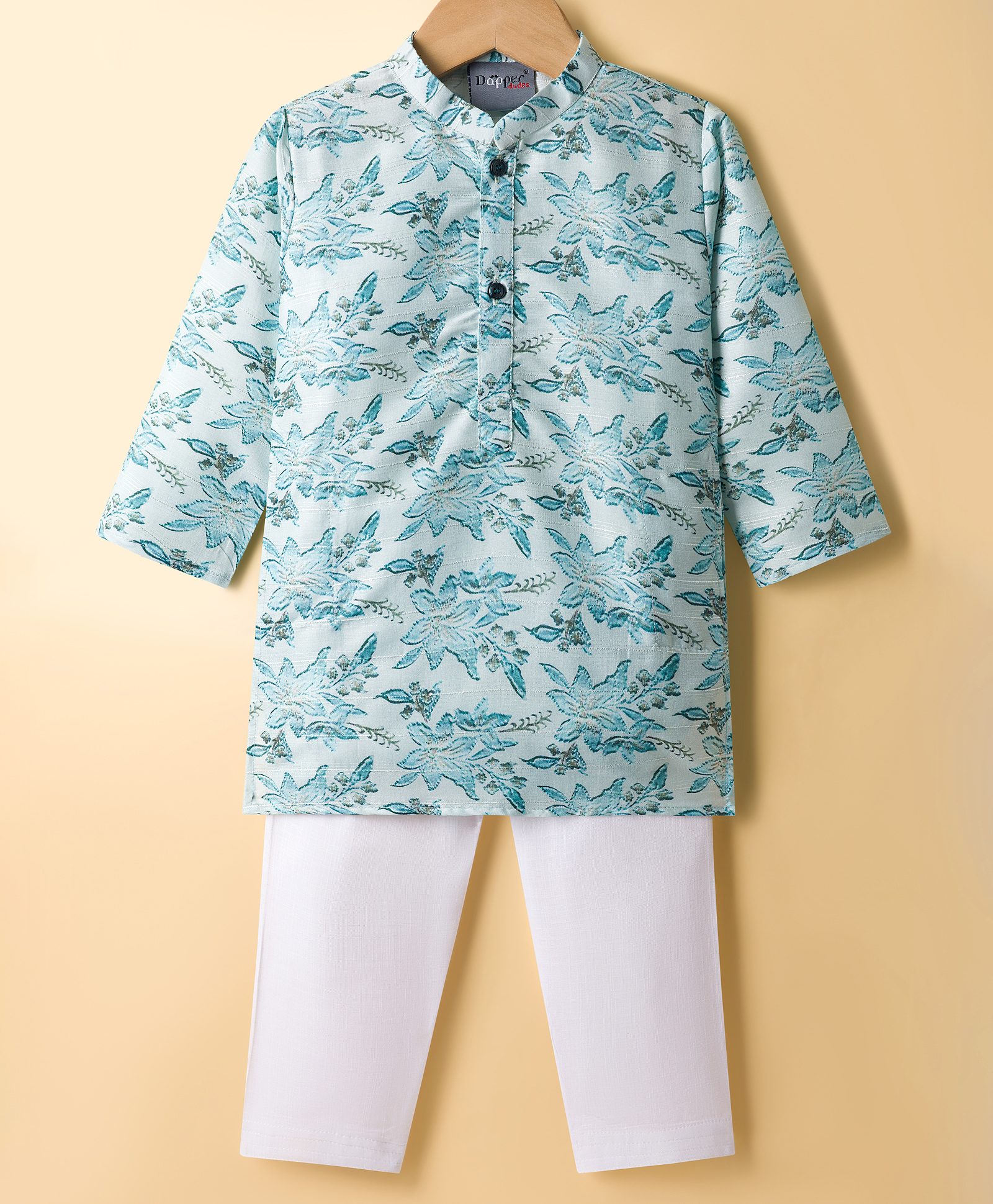 Dapper Dudes Full Sleeves Floral Printed Kurta Pyjama Set - Mint Green-picture-26