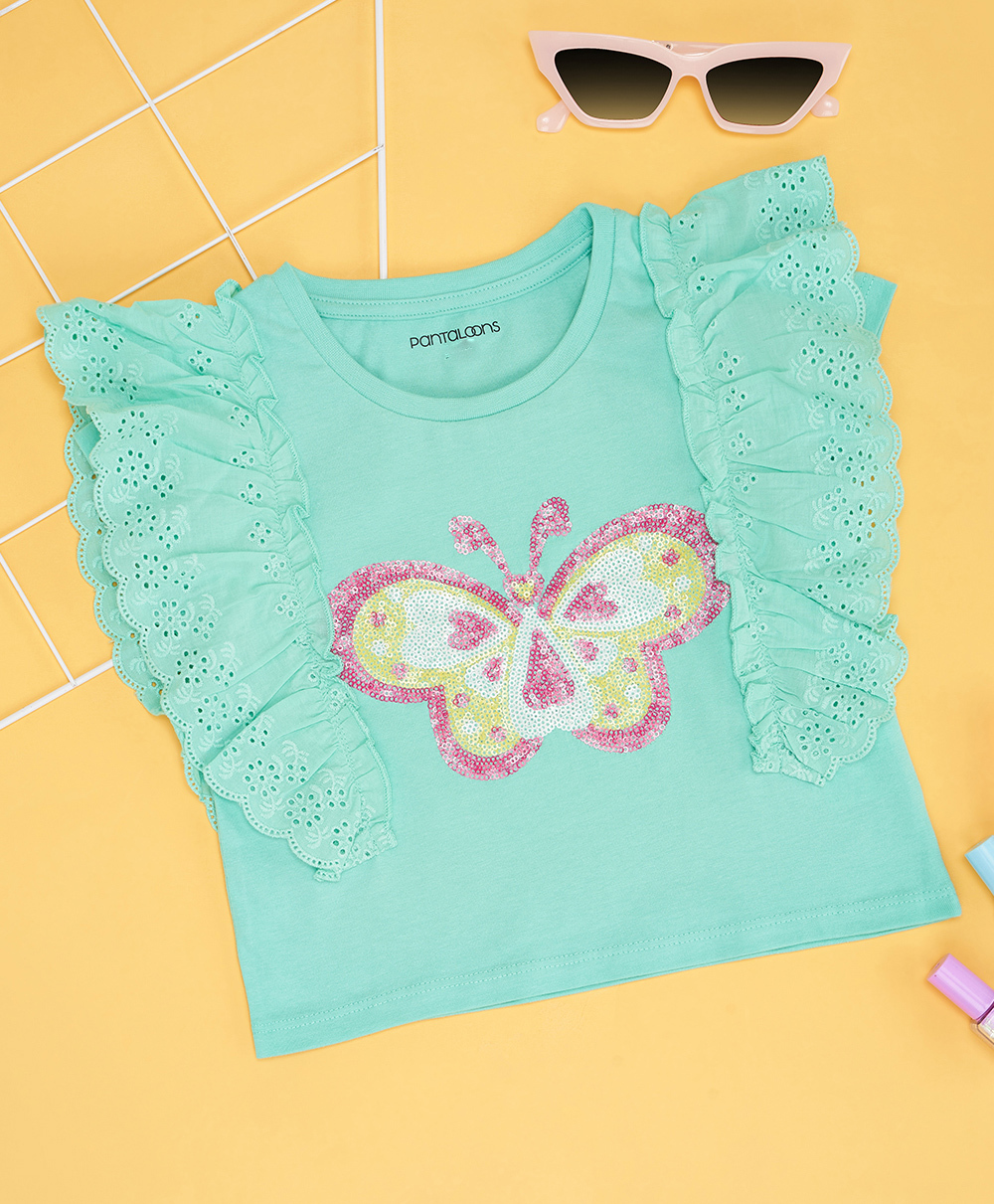 Pantaloons Junior Cotton Knit Half Sleeves Butterfly Shaped Sequins Embellished Top - Aqua Blue-picture-19