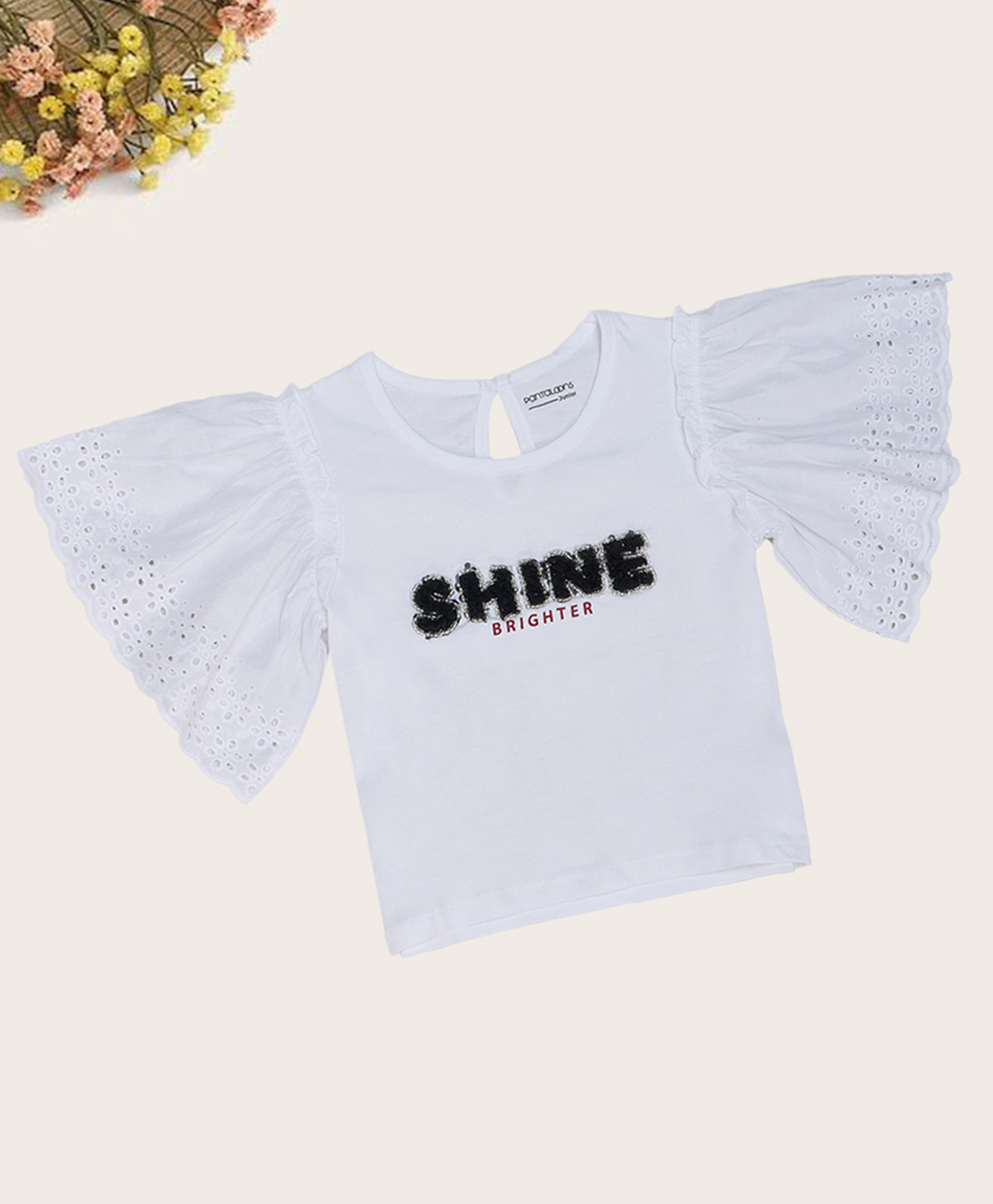 Pantaloons Junior Cotton Knit Half Bell Sleeves Shine Text Sequins Embellished Crop Top - White-picture-15