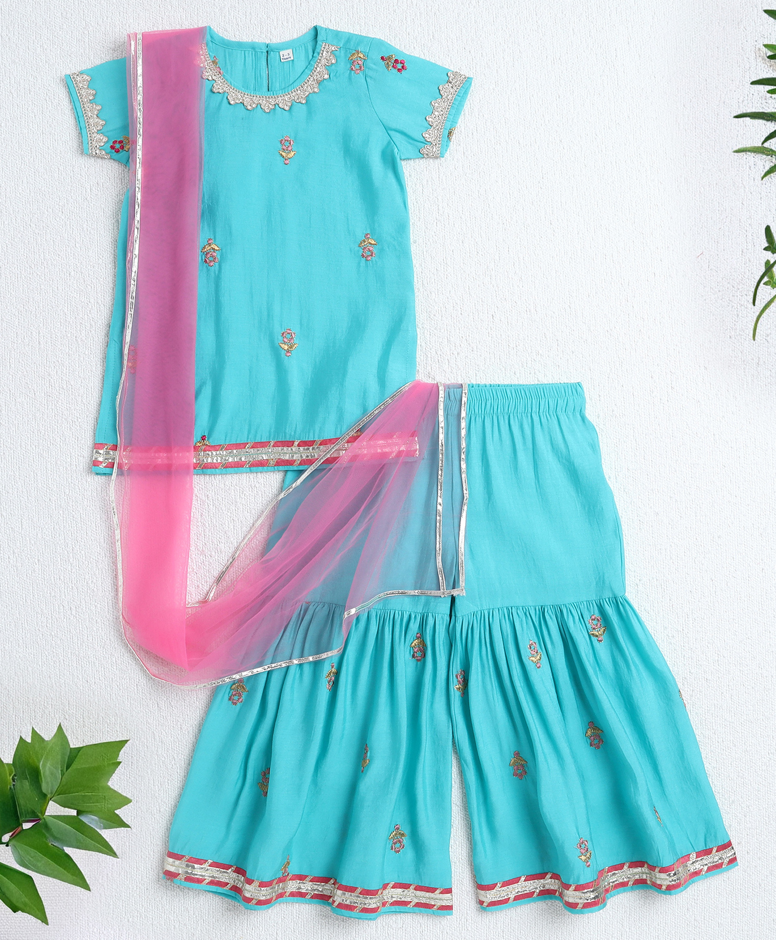 The Magic Wand Woven Half Sleeves Floral Embroidered & Gota Lace Embellished Kurti Sharara With Dupatta Set - Aqua Blue-picture-27