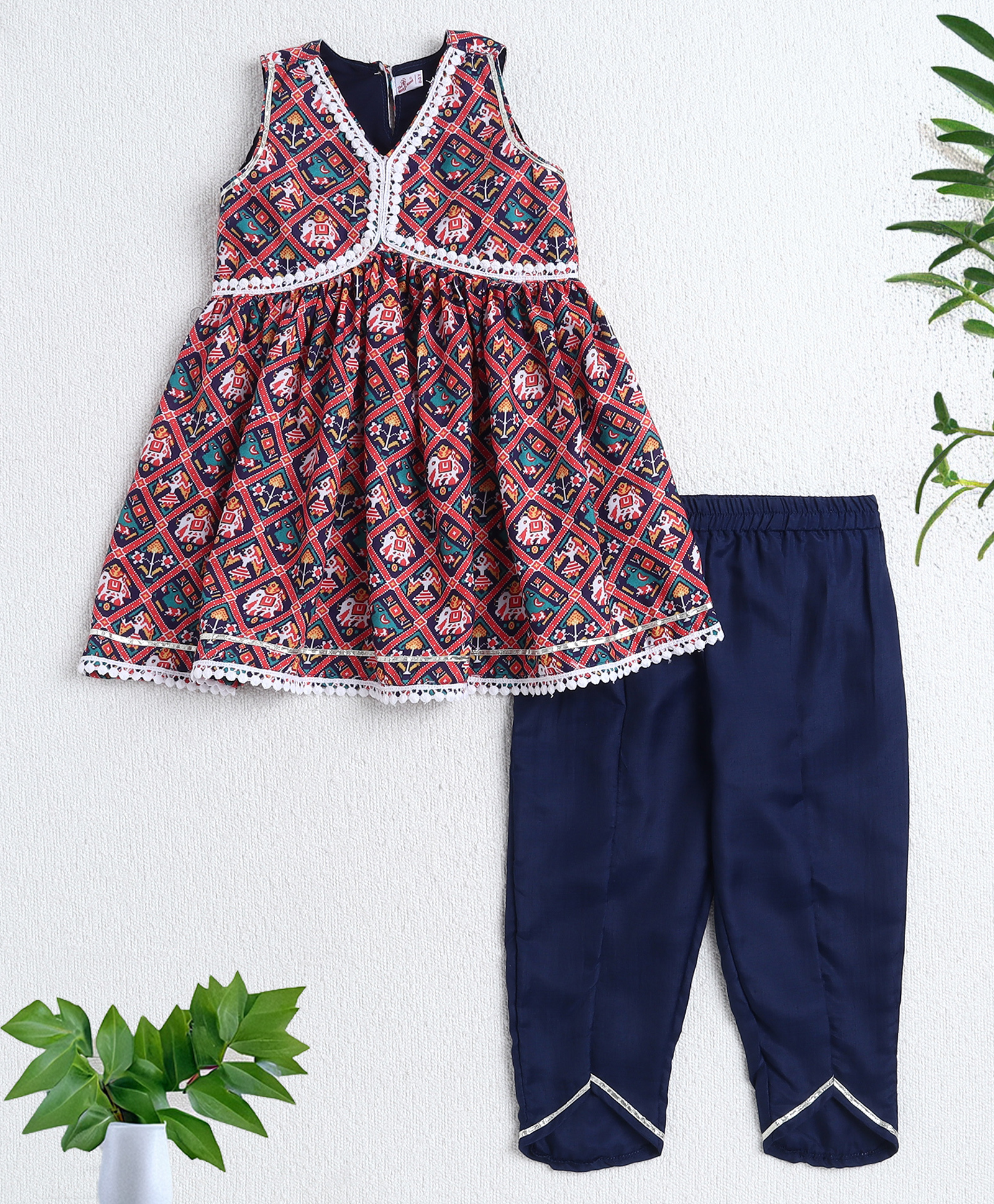 The Magic Wand Woven Sleeveless Patola Printed & Lace Embellished Kurti Salwar Set - Navy Blue-picture-32