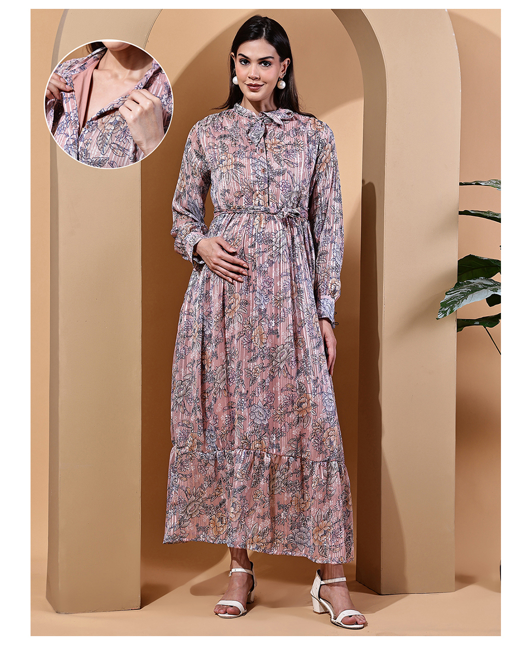 Moms Maternity Georgette Woven Full Sleeves Floral Printed Maternity Dress With Front Open Nursing Access - Peach-picture-37