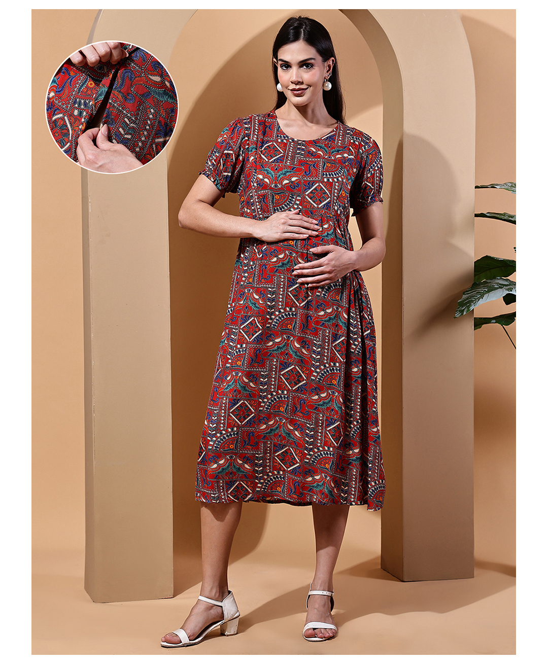 Moms Maternity Rayon Woven Half Puffed Sleeves Rajasthani Printed Maternity Dress With Concealed Front Zipper Nursing Access - Red-picture-29