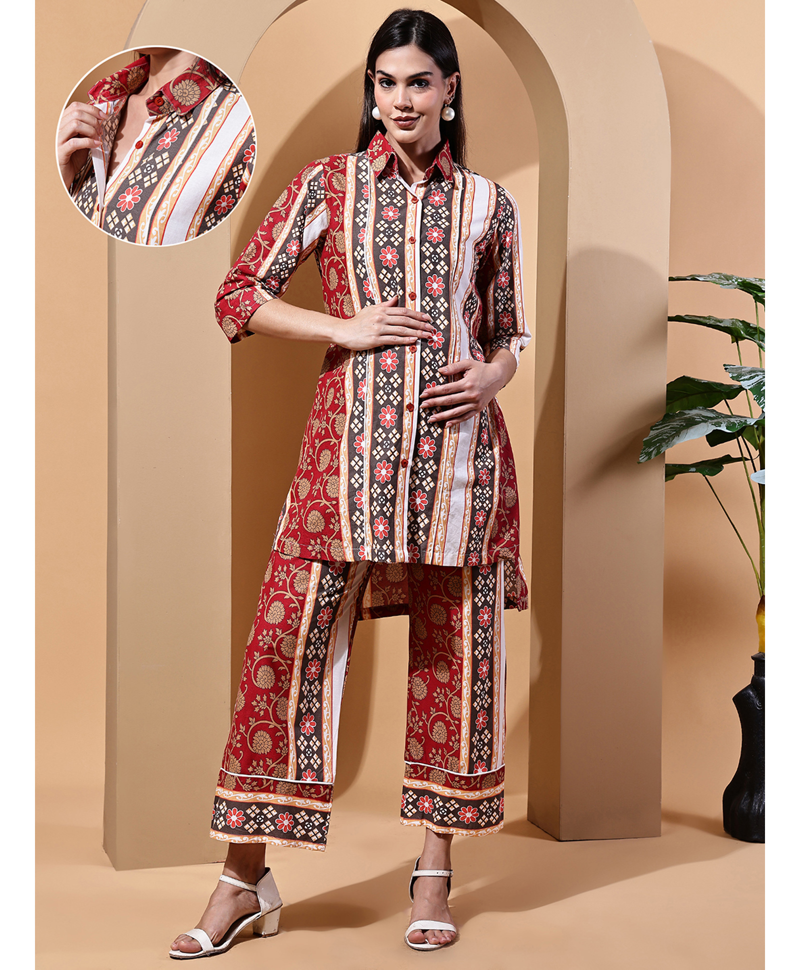 Moms Maternity Cotton Woven Three Fourth Sleeves Floral Printed Maternity Kurta & Pant Set With Front Buttons Nursing Access - Multi Colour-image-18