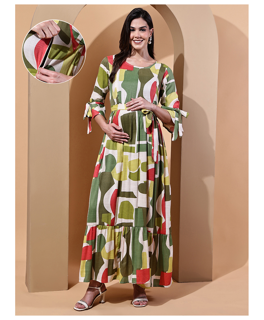 Moms Maternity Cotton Woven Three Fourth Sleeves Geomatric Printed Maternity Dress With Concealed Front Zippers Nursing Access - Green-picture-28