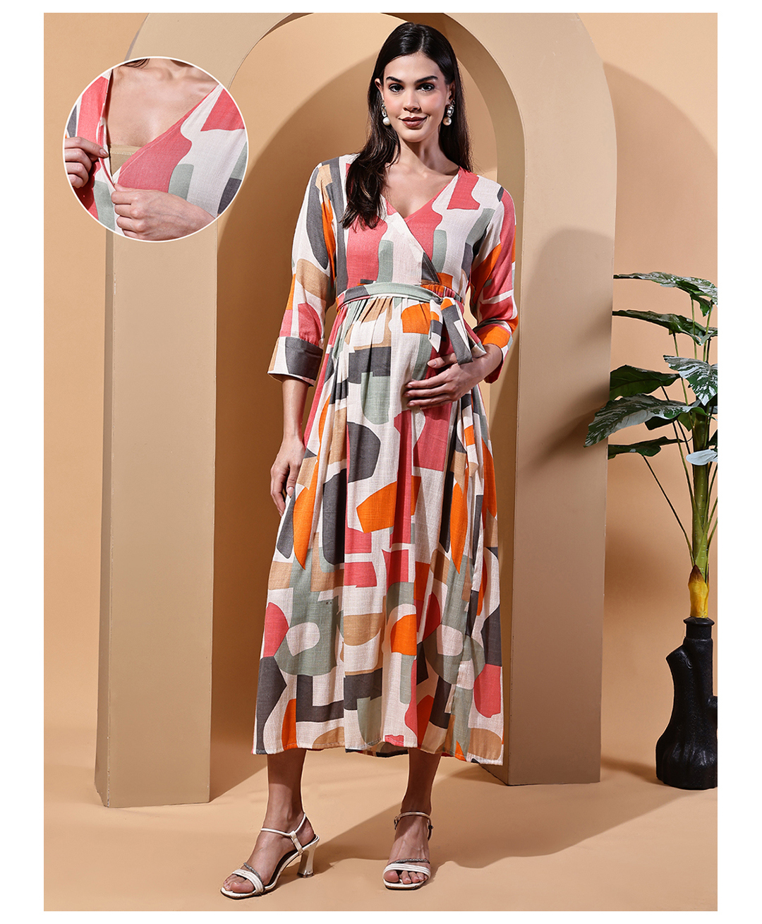 Moms Maternity Cotton Woven Three Fourth Sleeves Geometric Printed Maternity Dress With Front Nursing Access - Grey-image-31