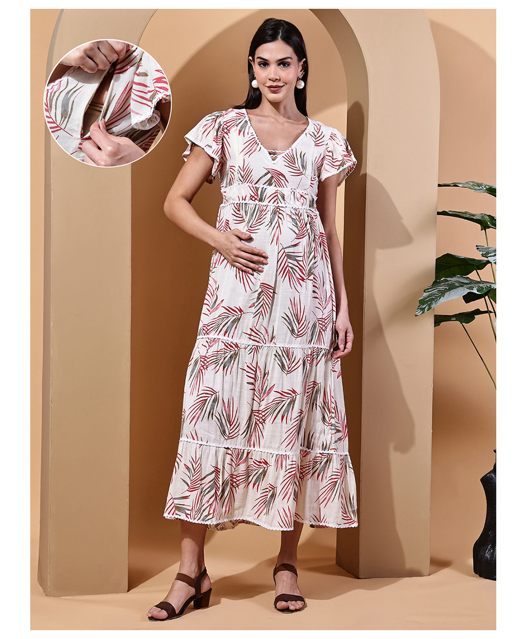 Moms Maternity Cotton Woven Half Sleeves Leaves Printed Maternity Dress With Concealed Side Zipper Nursing Access - Off White-picture-22