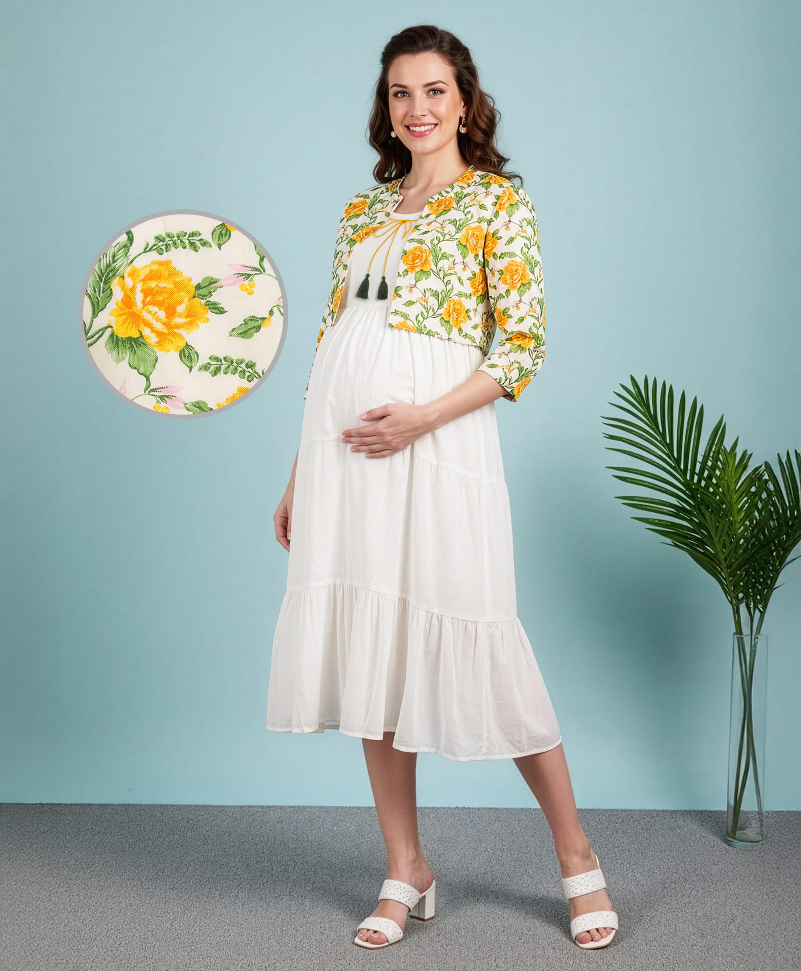 Bella Mama Cotton Woven Three Fourth Sleeves Solid Tiered Maternity Dress With Floral Printed Jacket - Yellow-image-20