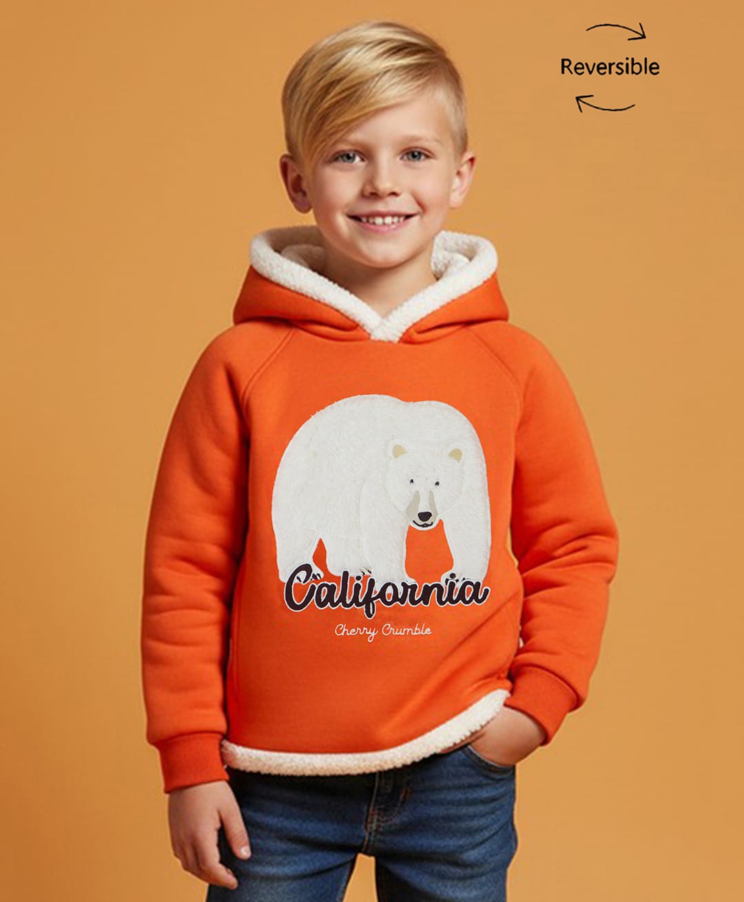 Cherry Crumble By Nitt Hyman Knit Full Sleeves Polar Bear Embroidered Reversible Unisex Winter Hoodie - Orange-picture-18