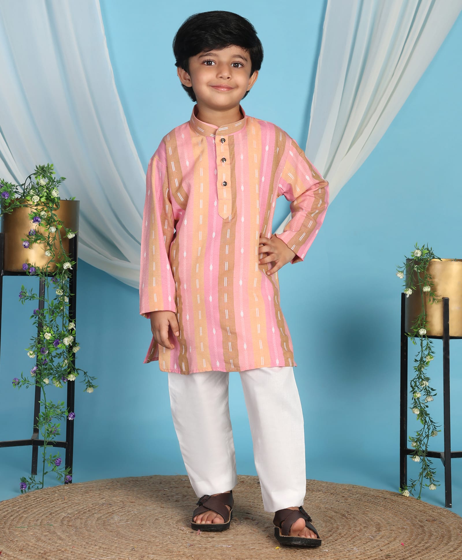 P-MARK Cotton Woven Full Sleeves Threadwork Detailed Kurta Pyjama Set - Gajri-image-8