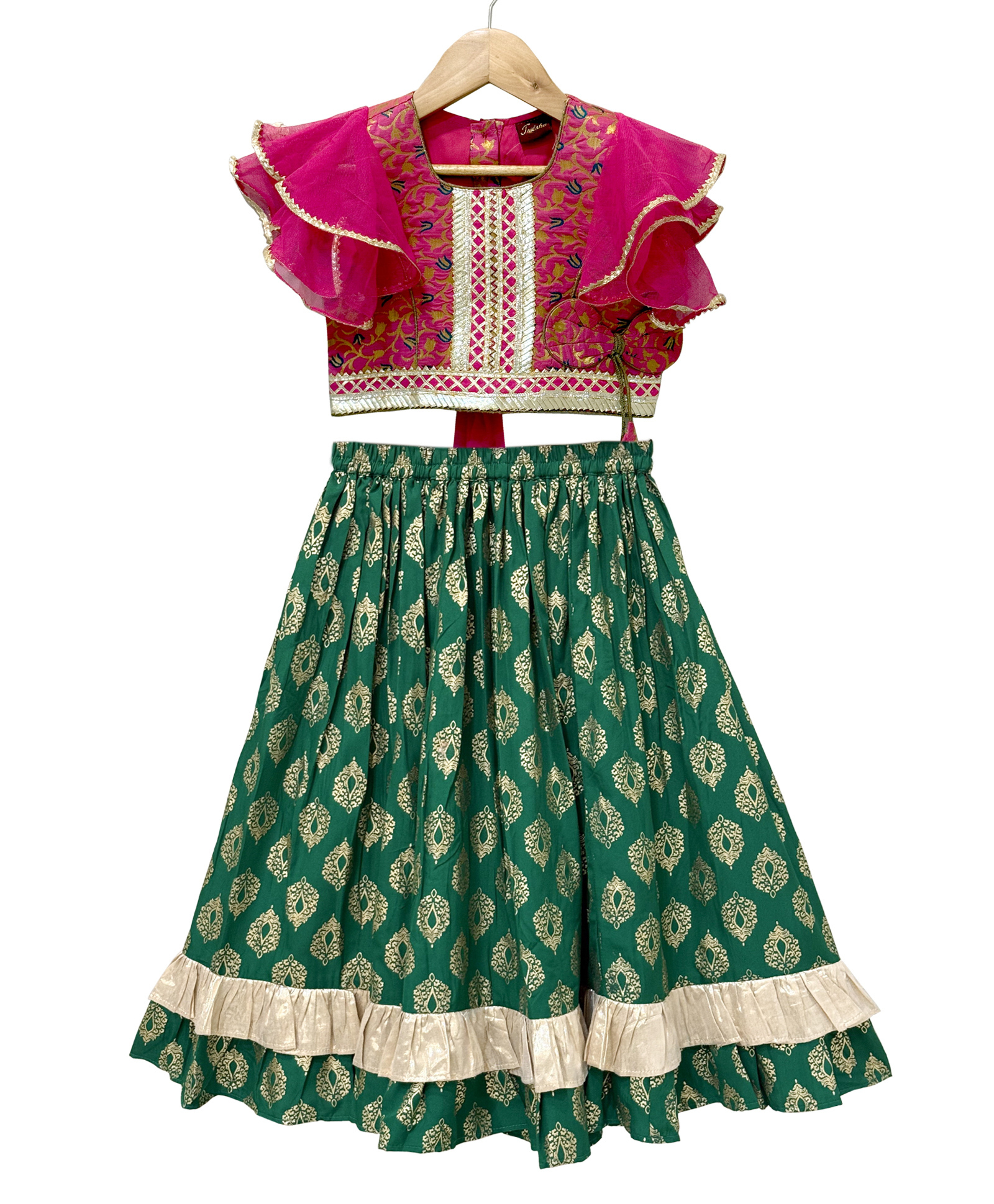 Twisha Brocade Woven Sleeveless Floral Printed Gota Lace Embellished Lehenga Choli Set - Pink & Green-image-17