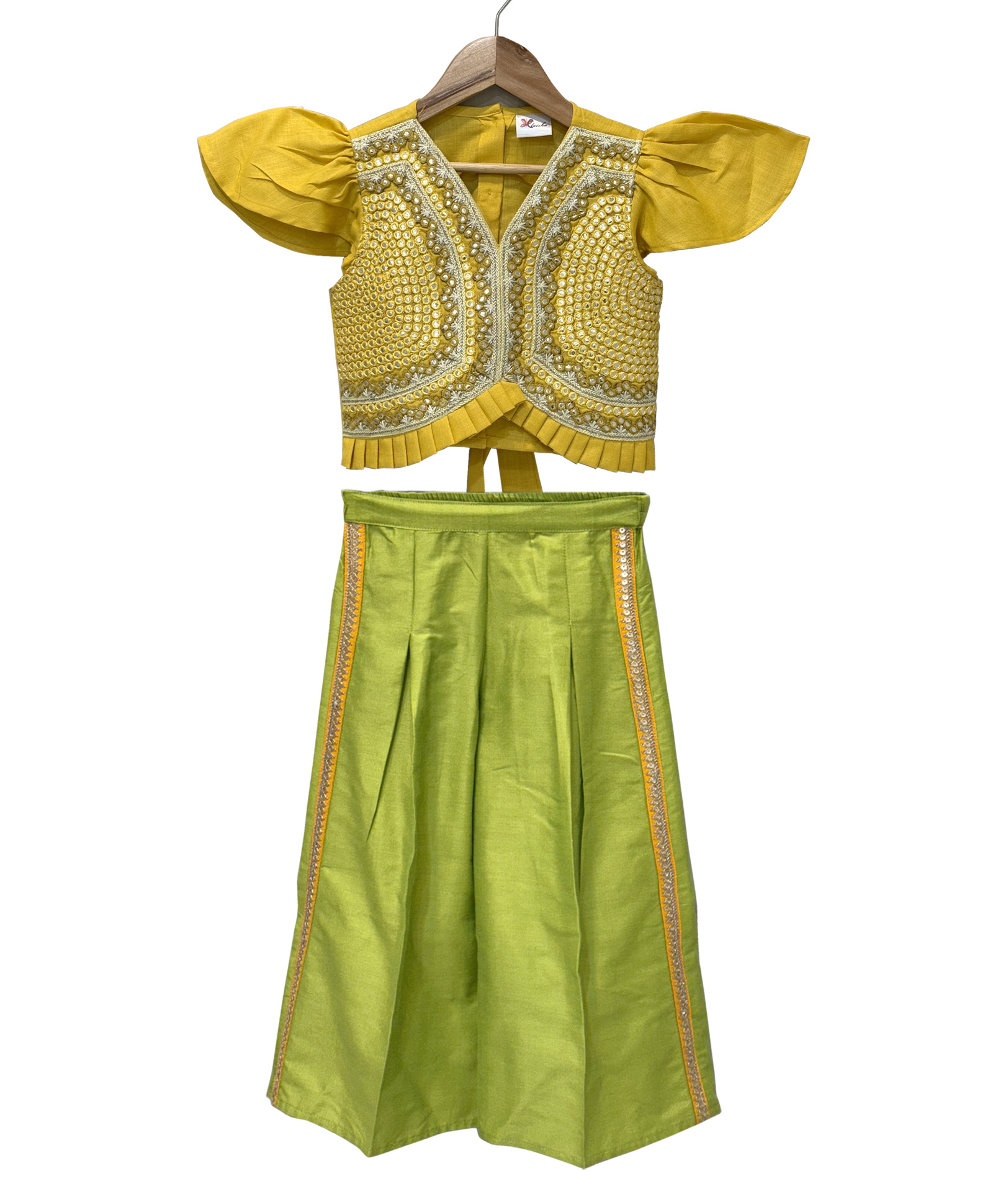 Twisha Brocade Woven Cap Sleeves Mirror Work Detailed Top & Palazzo Set - Yellow & Lime Green-image-42