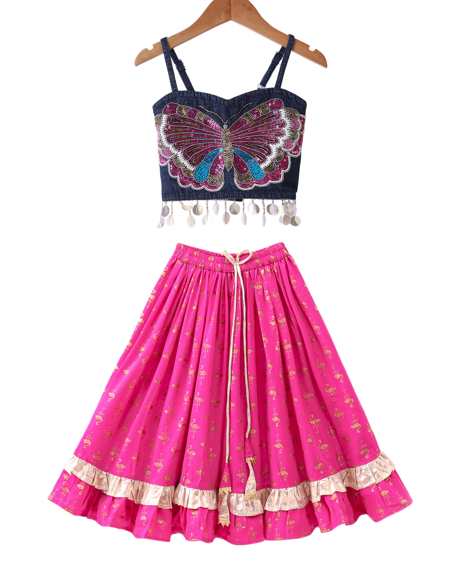 Twisha Denim Woven Sleeveless Butterfly Embroidered Beads Embellished Lehenga Choli Set - Blue & Pink-image-45