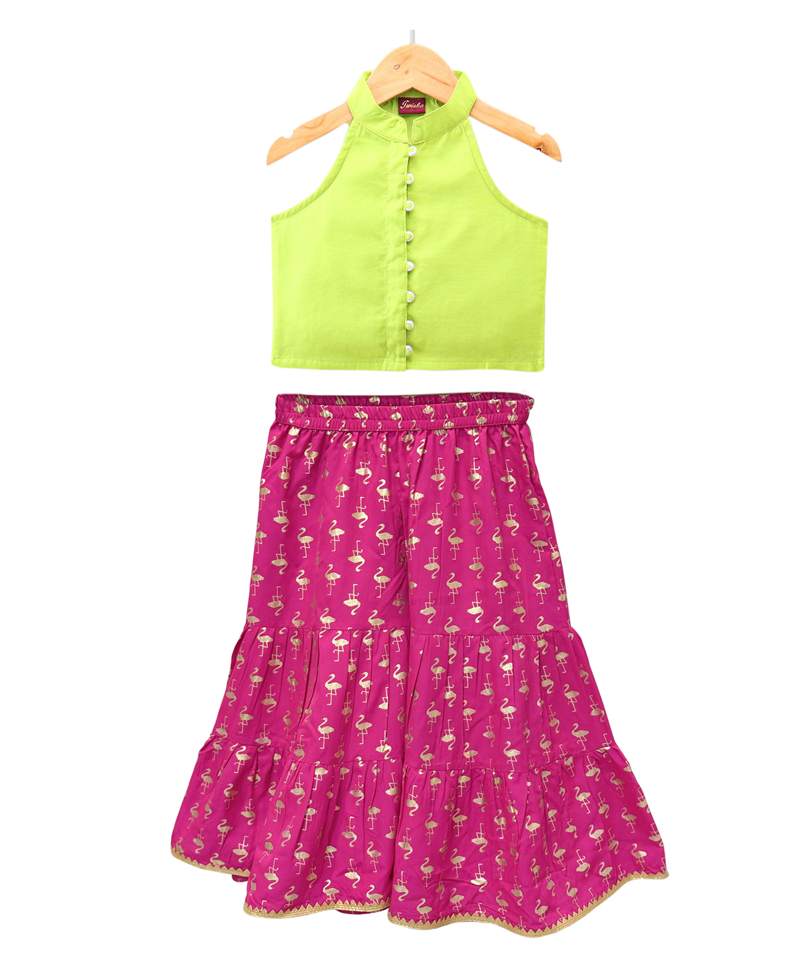 Twisha Chanderi Woven Sleeveless Solid Top With Birds Foil Printed Top & Sharara Set - Lime Green & Pink-image-8