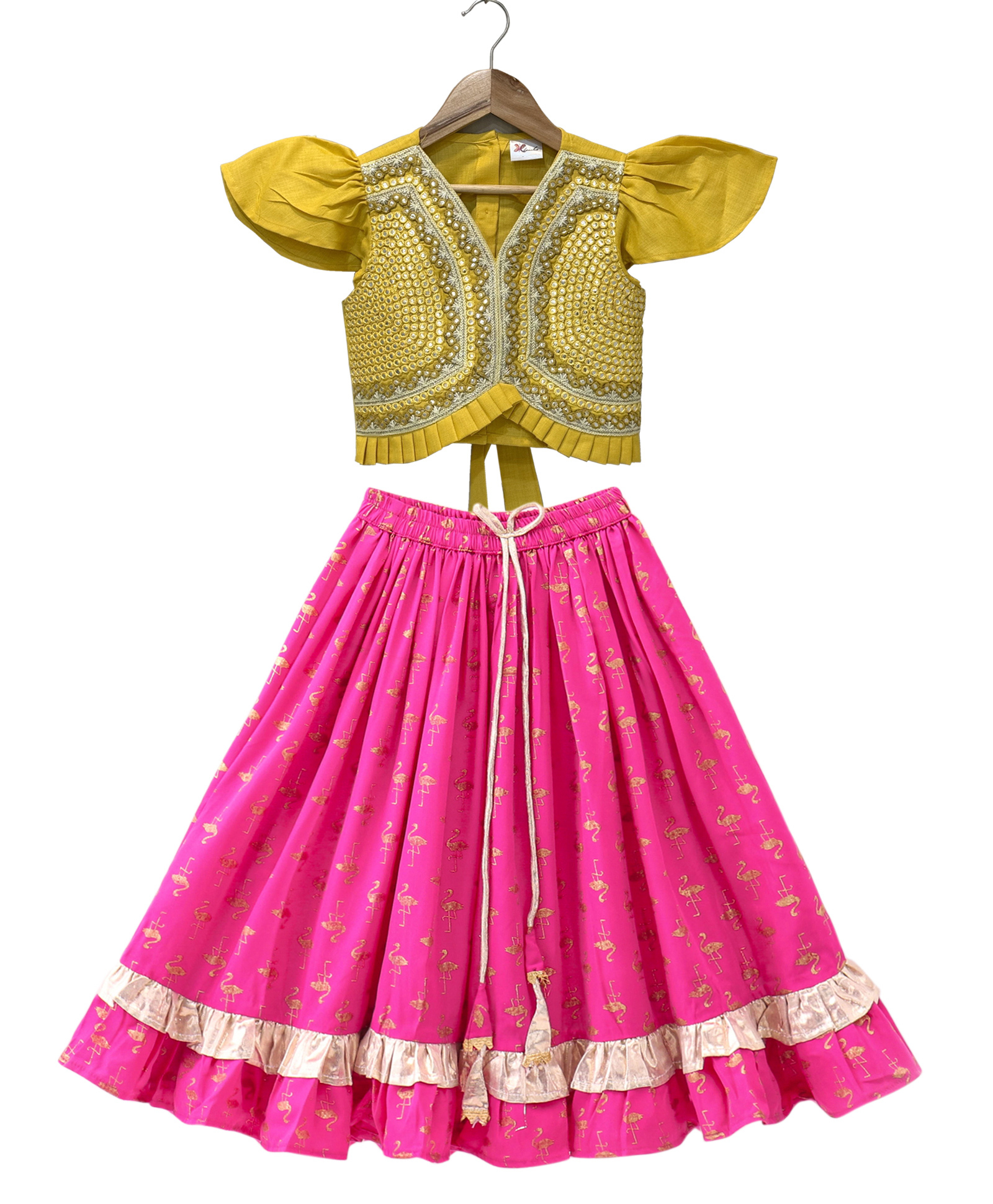 Twisha Woven Cap Sleeves Mirror Work Detailed Lehenga Choli Set - Yellow & Pink-image-3