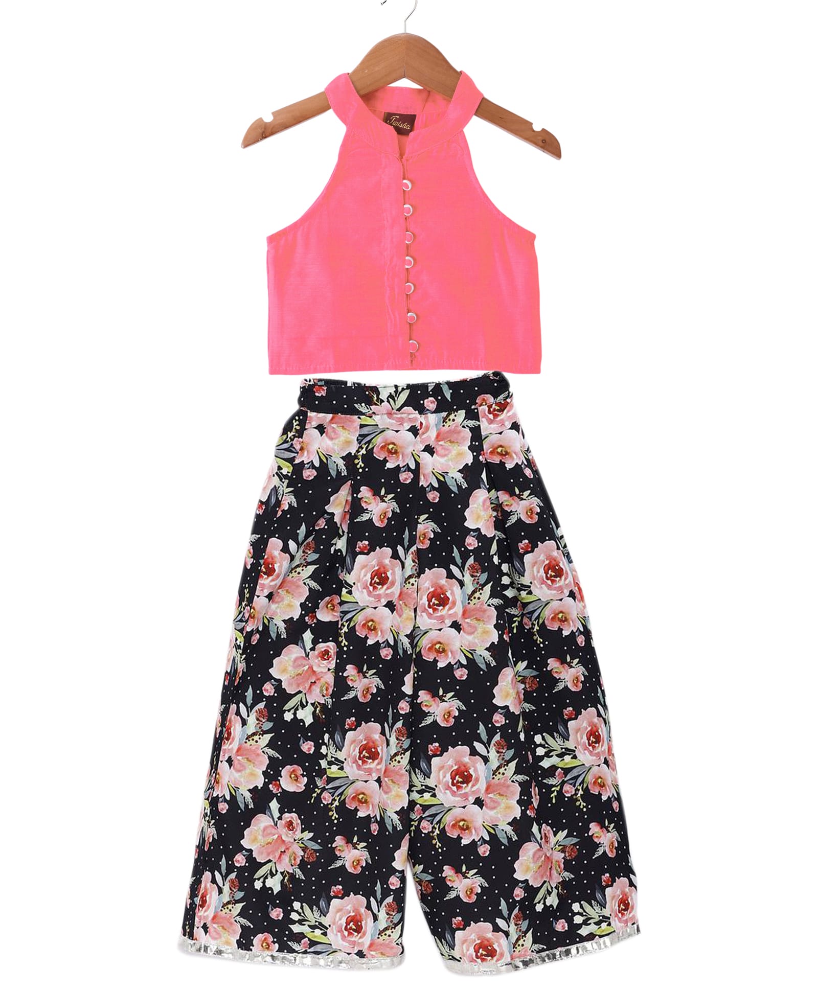 Twisha Chanderi Woven Sleeveless Buttons Embellished & Floral Printed Top & Palazzo Set - Coral & Black-image-49