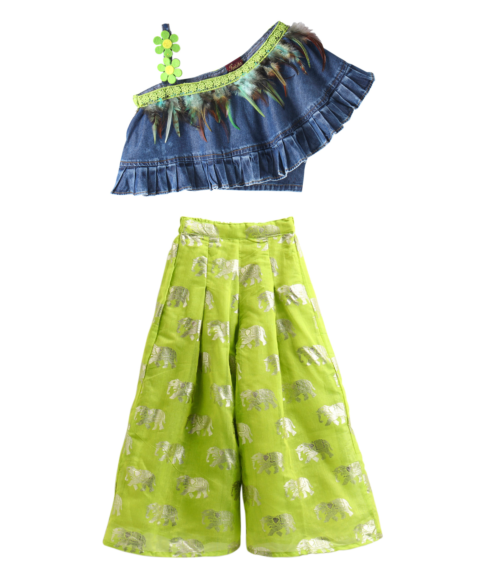 Twisha Denim Woven Sleeveless Lace Embellished Top With Palazzo Set - Blue & Lime Green-image-0