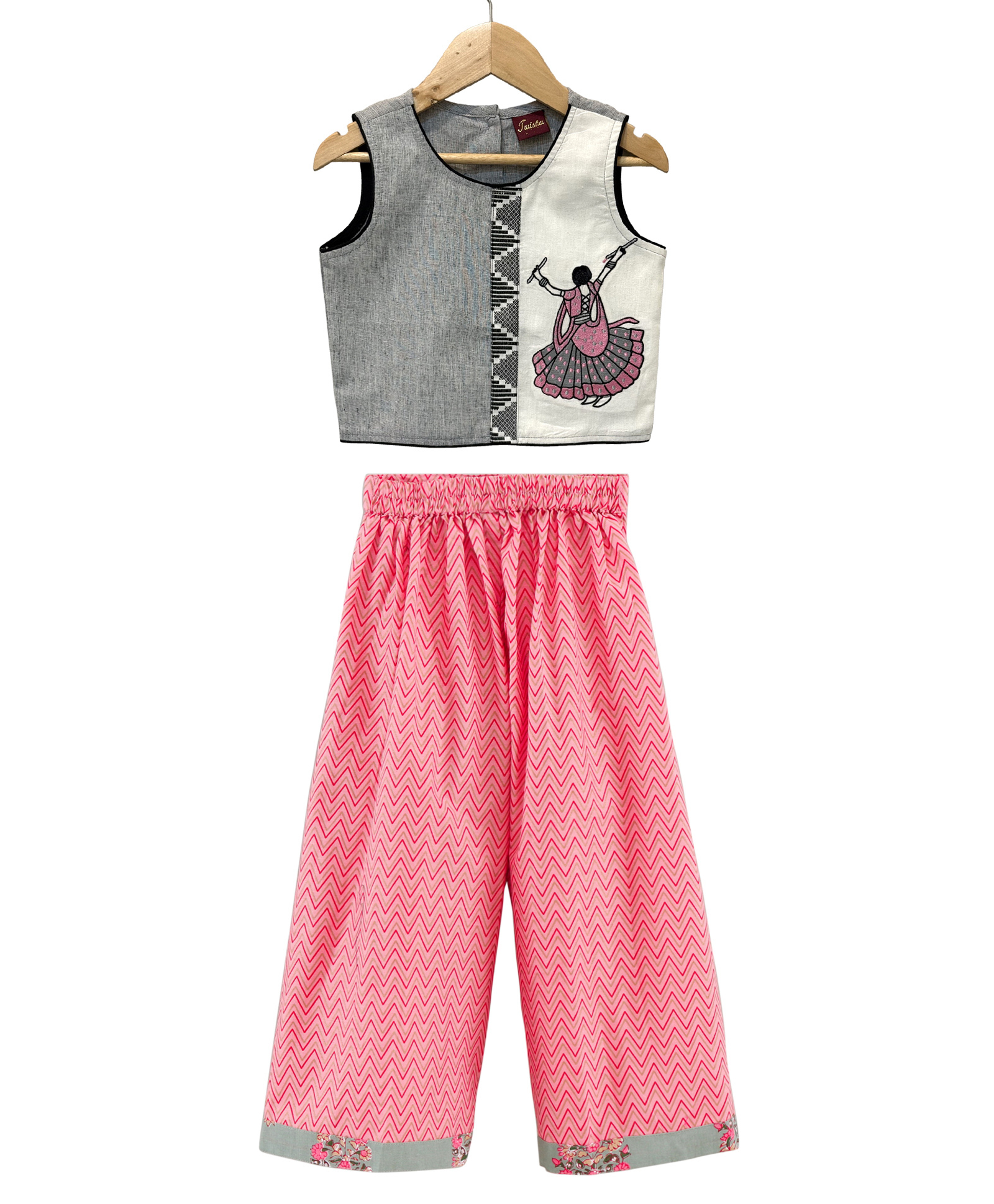 Twisha Cotton Woven Sleeveless Dancing Girl Embroidered Top With Palazzo Set - Grey & Coral-image-17