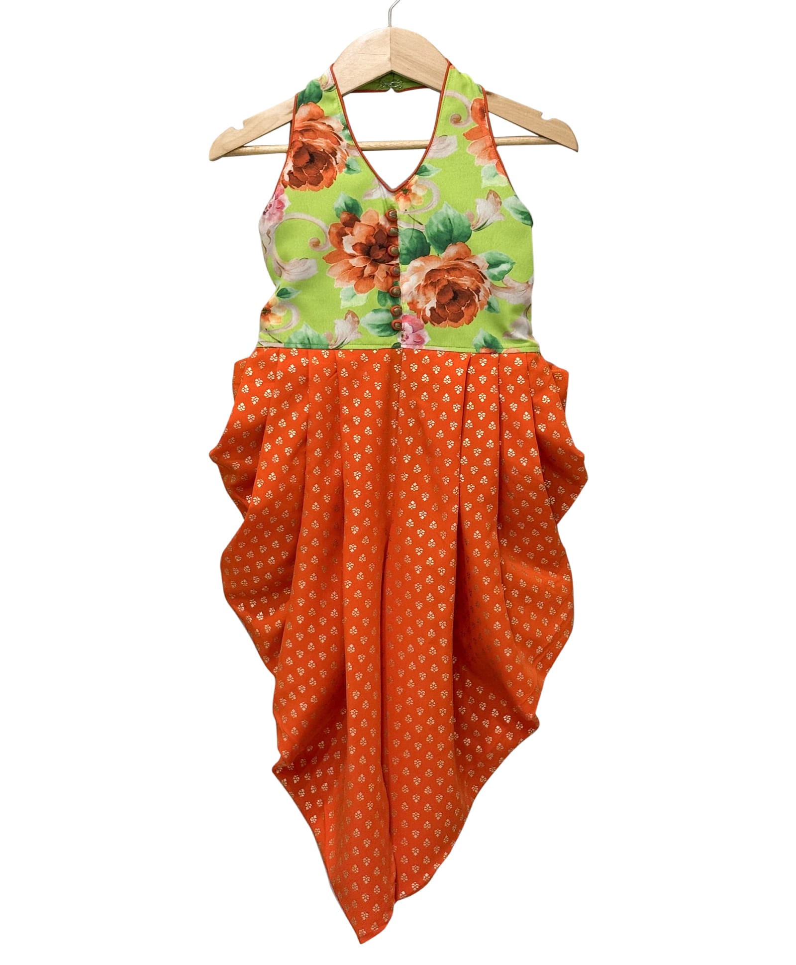 Twisha Woven Sleeveless Floral Printed Halter Neck Jumpsuit - Lime Green & Orange-picture-17