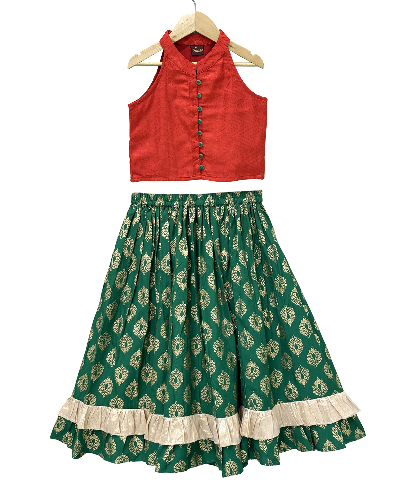 Twisha Woven Sleeveless Thread Work Embroidered Halter Neck Lehenga Choli Set - Red & Green-image-20