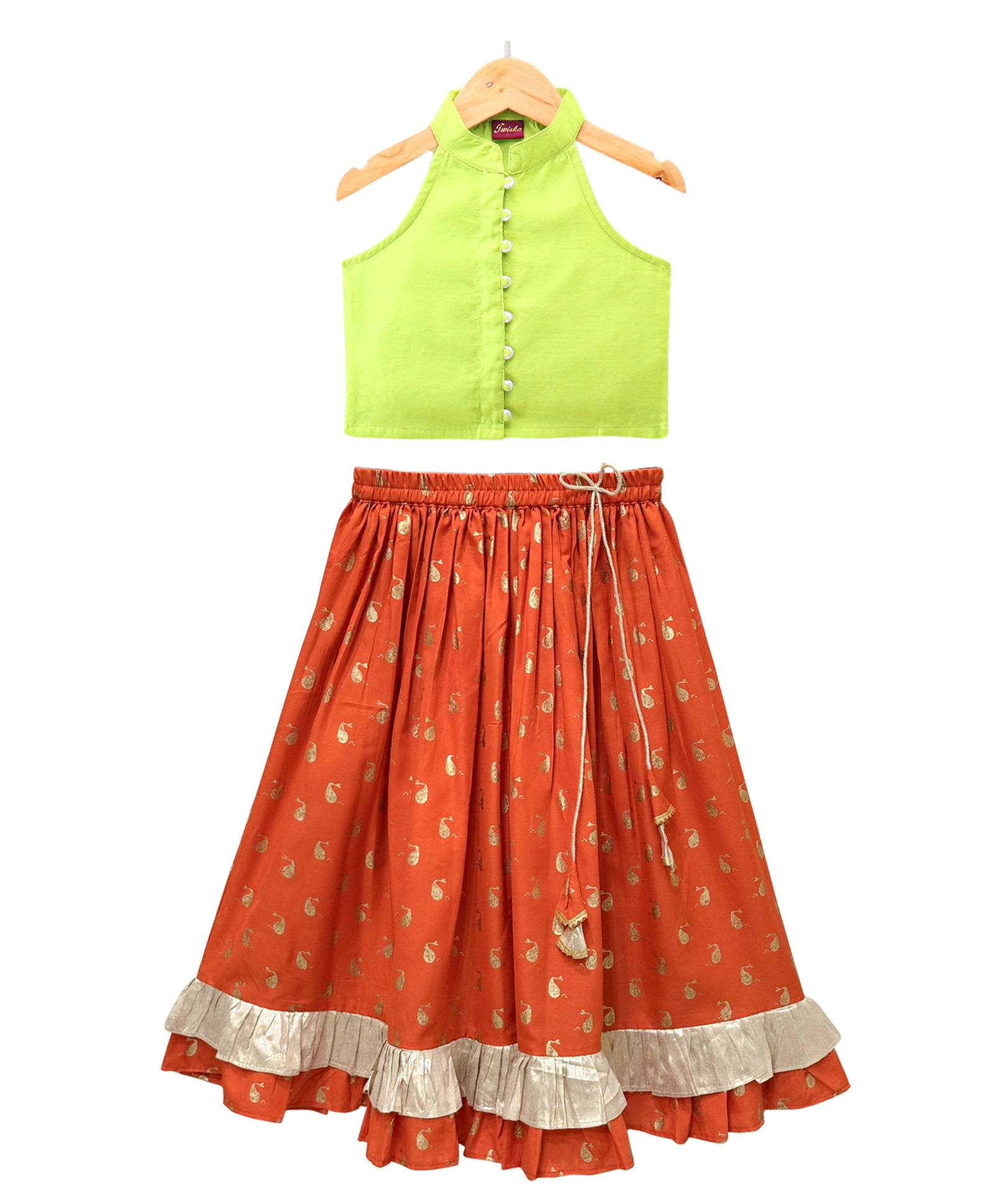 Twisha Chanderi Woven Sleeveless Solid Top With Lehenga - Limegreen & Orange-image-43