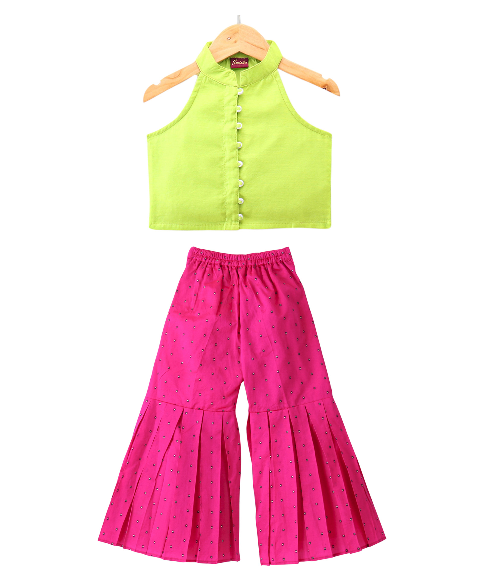 Twisha Woven Chanderi Woven Sleeveless Solid Top With Mirror Work Embroidered Palazzo Set - Lime Green & Pink-image-5