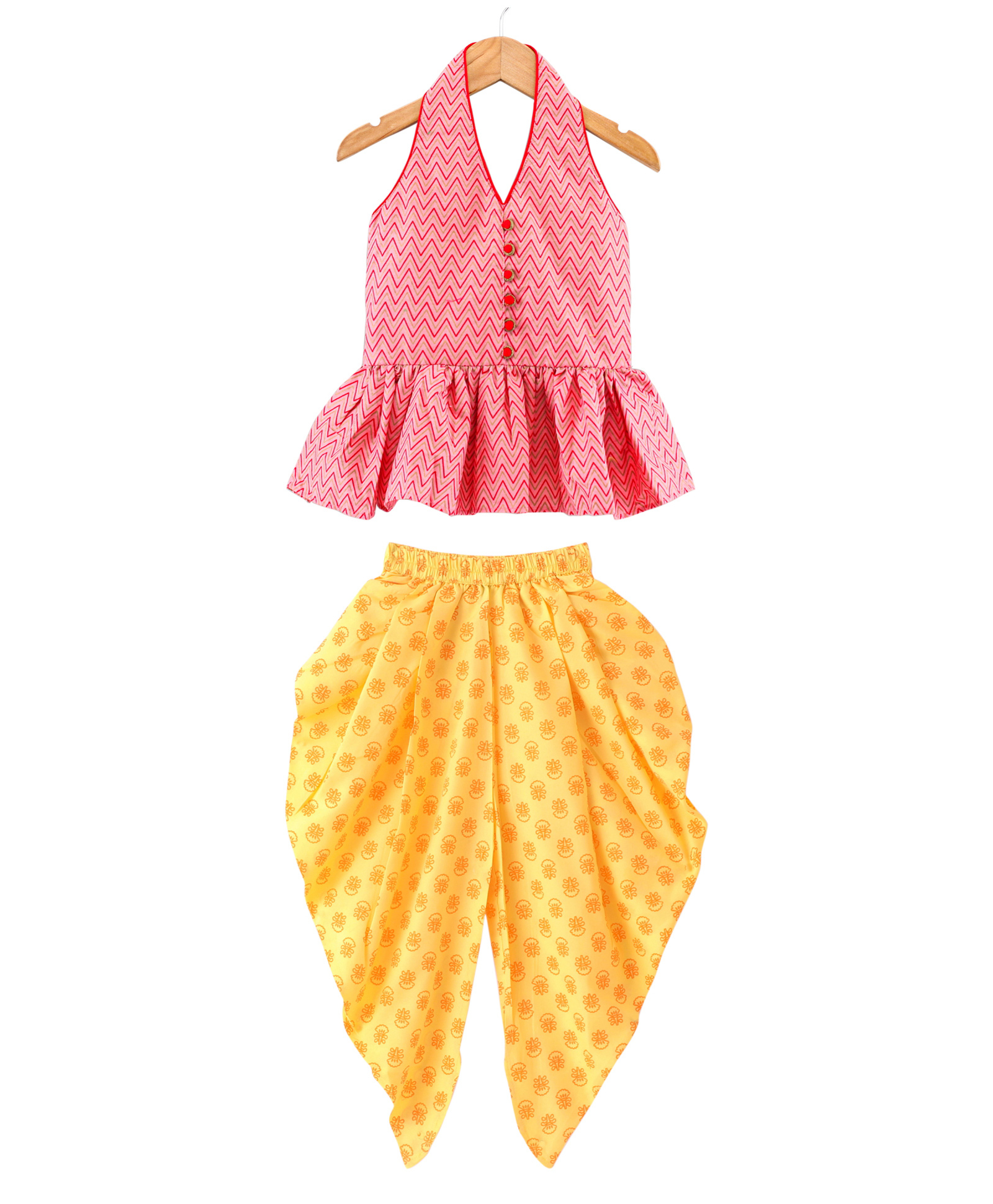 Twisha Woven Cotton Woven Sleeveless Chevron Printed Top Dhoti Set - Coral & Yellow-image-36