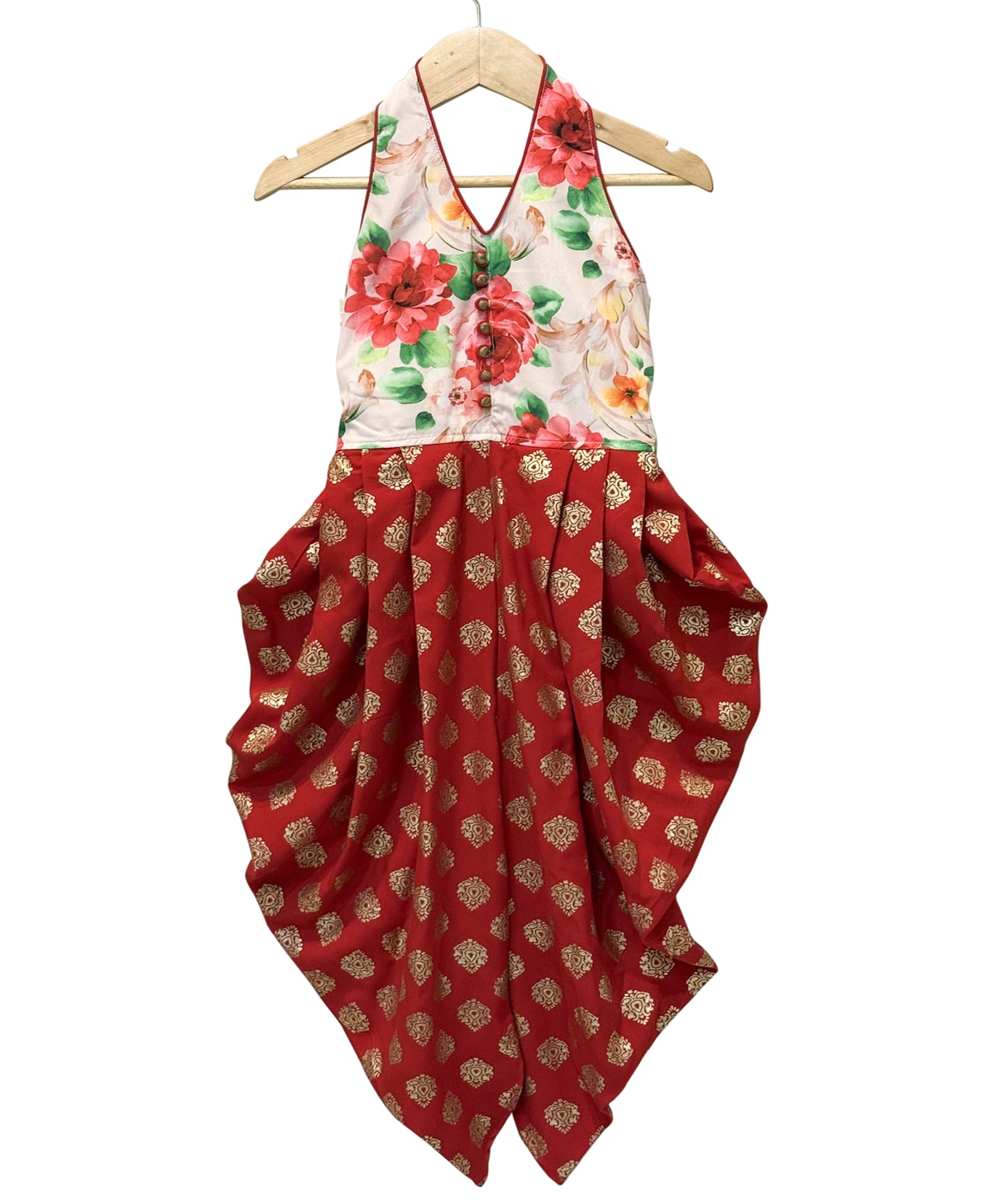 Twisha Woven Sleeveless Floral Printed Halter Neck Jumpsuit - White & Red-picture-20