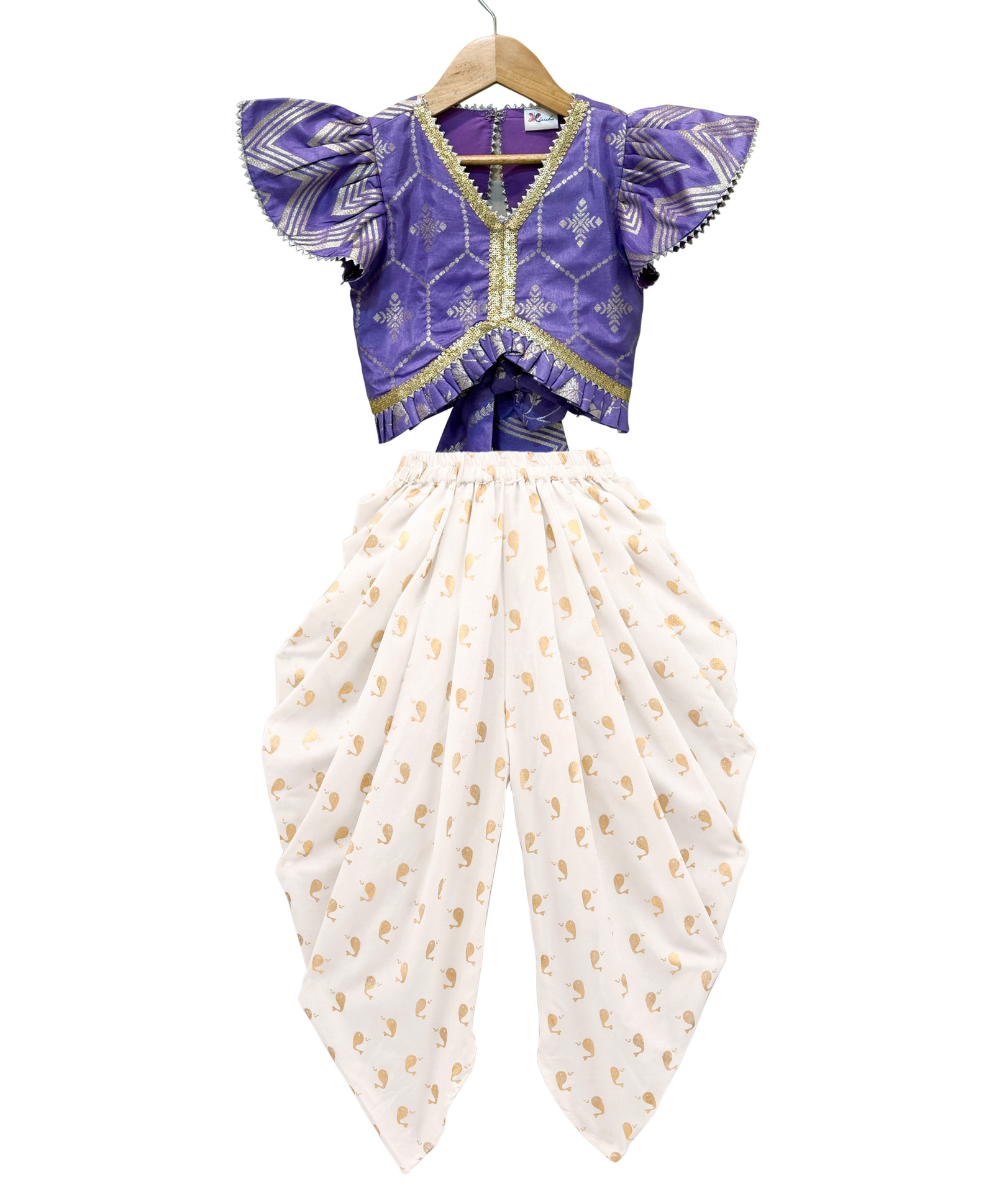 Twisha Woven Half Frill Sleeves Ethnic Motif Foil Printed & Lace Embellished Top & Dhoti Set - Purple & White-image-24