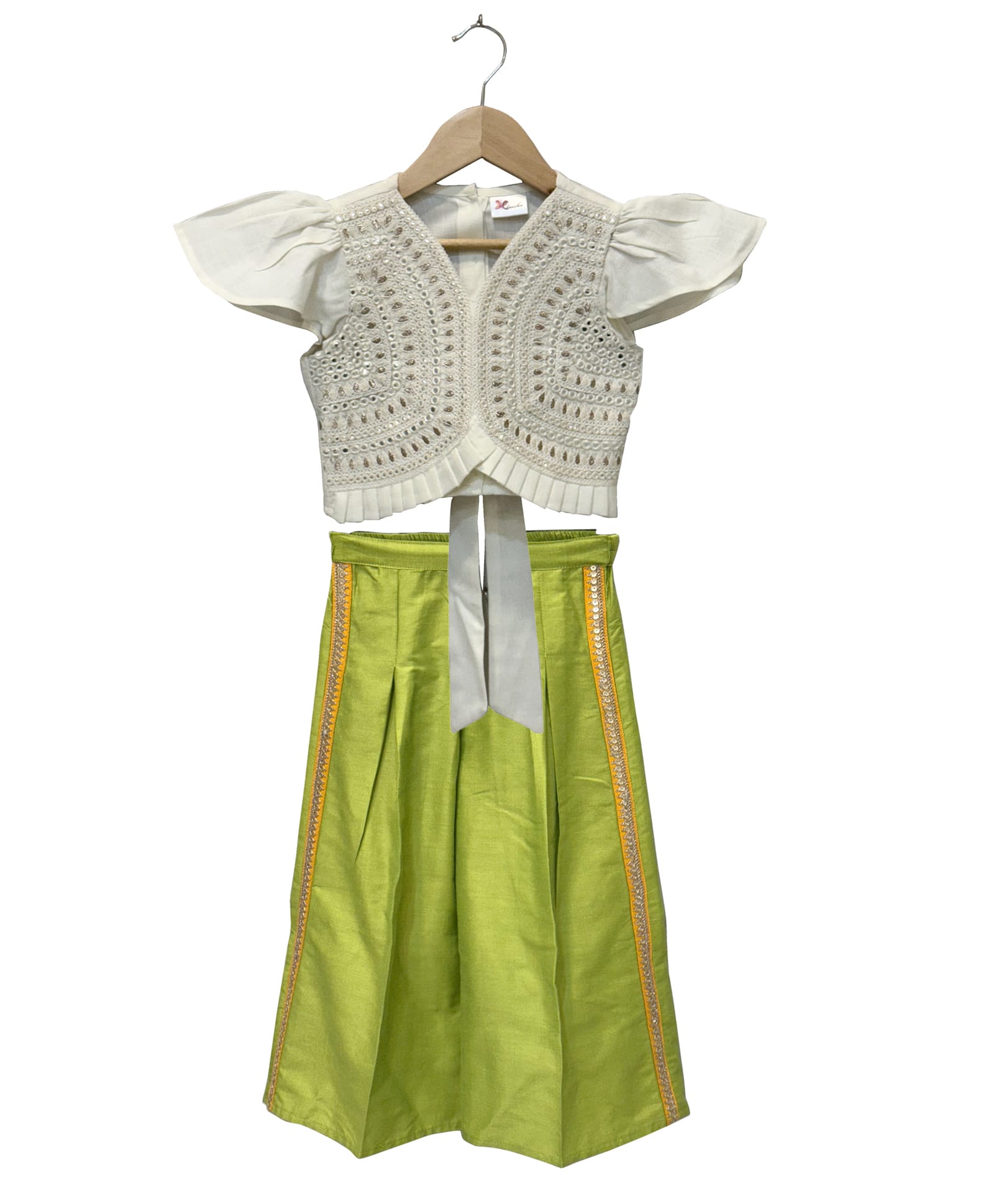 Twisha Woven Half Sleeves Ethnic Embroidered Top & Palazzo Set - White & Limegreen-image-2