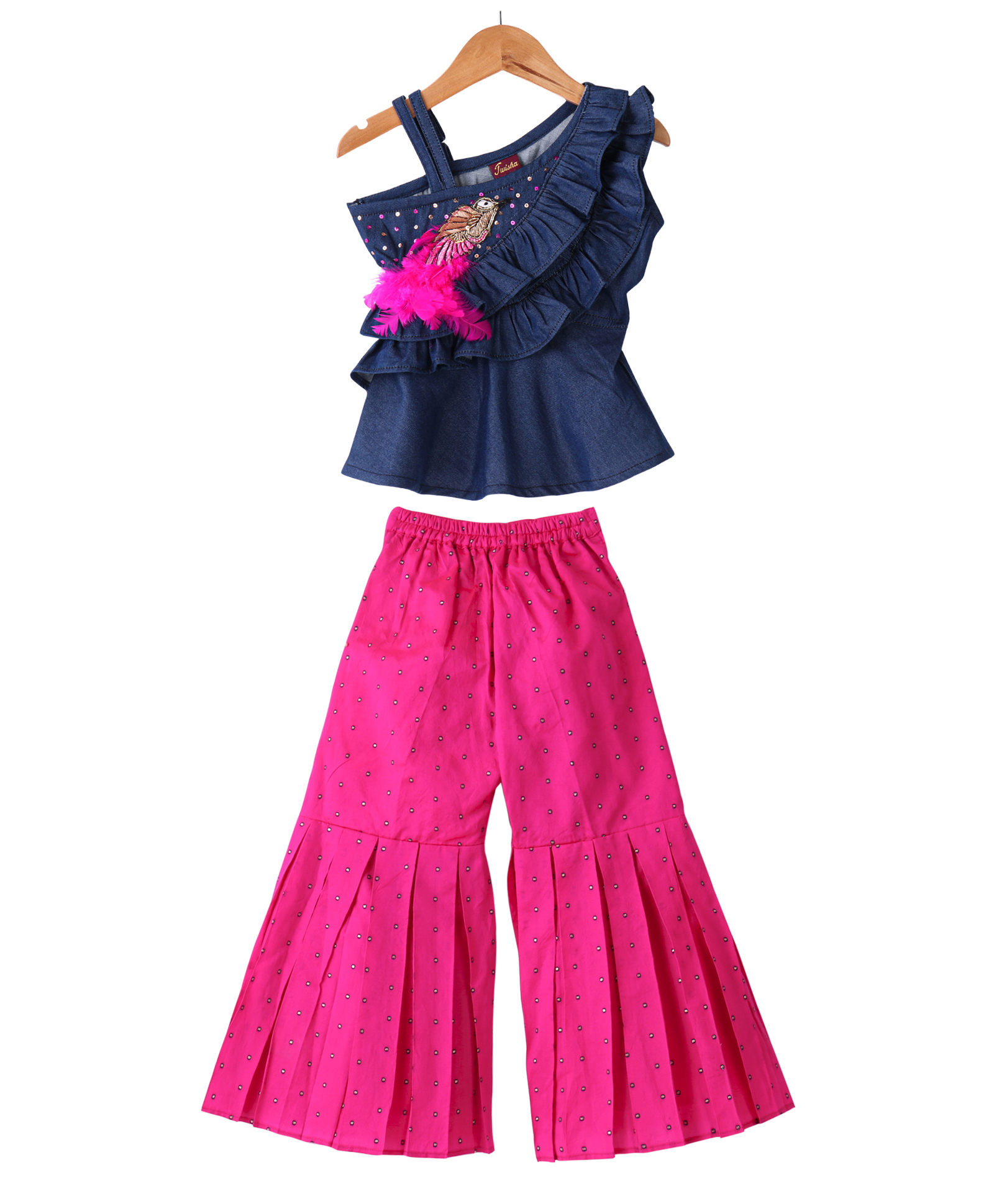 Twisha Woven Denim Woven Sleeveless Bird Embroidered & Sequins Embellished Top Palazzo Set - Blue & Pink-image-30