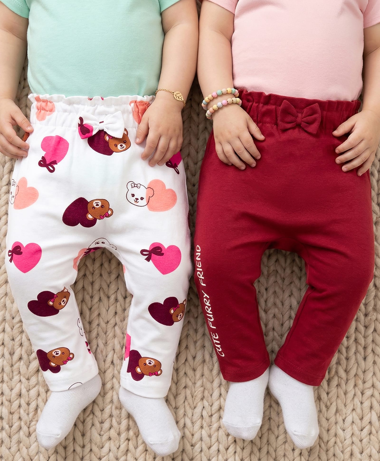 Babyoye 100% Cotton Eco Jiva Finish Full Length Diaper Leggings With Heart Teddy Print & Bow Applique - Maroon & White-picture-9