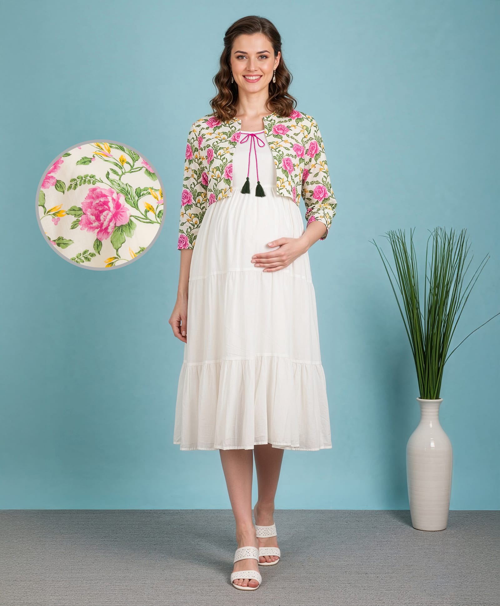 Bella Mama Cotton Woven Three Fourth Sleeves Solid Tiered Maternity Dress With Floral Printed Jacket - Pink-image-19