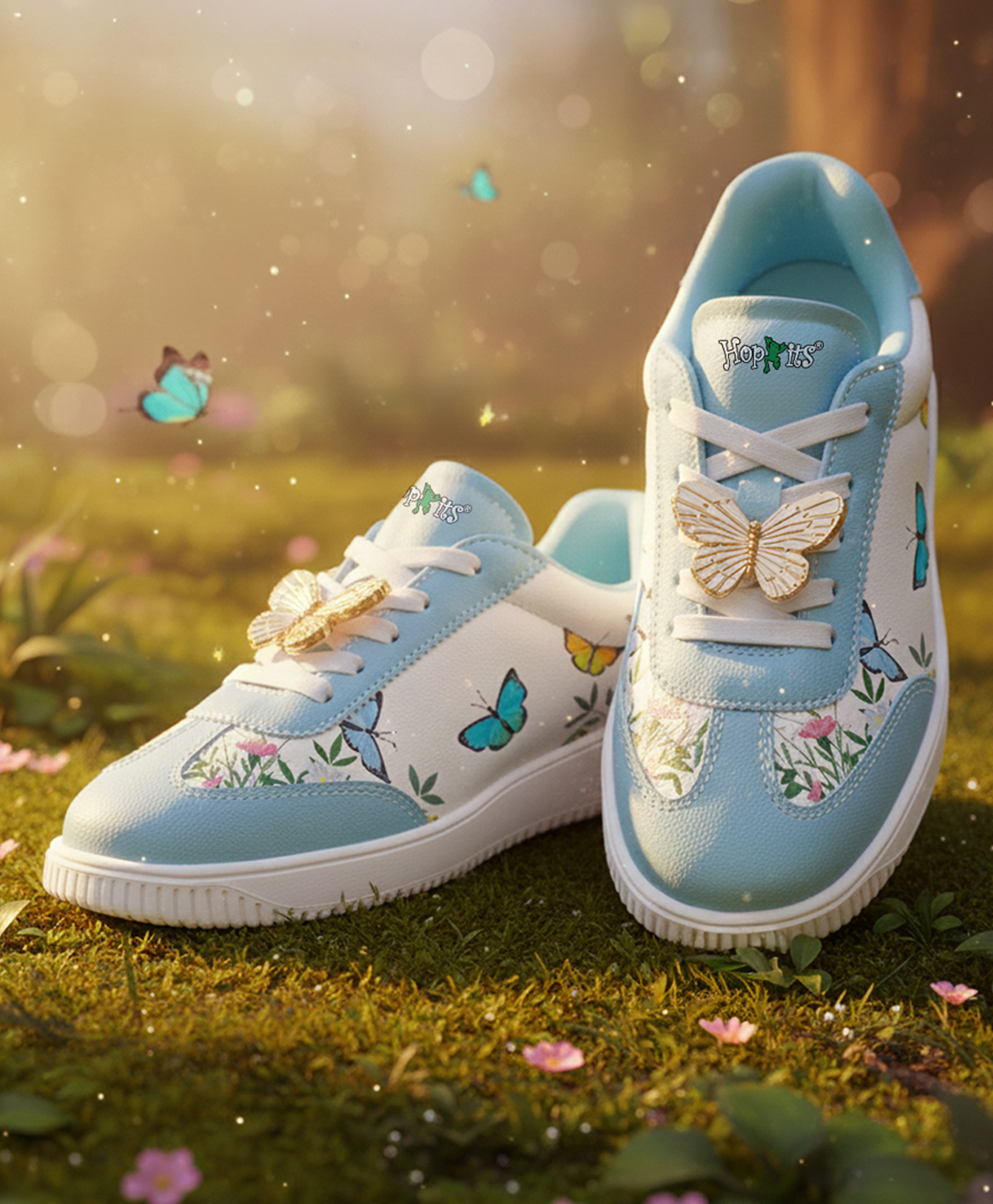 Hopits Butterfly Applique Detailed & Floral Designed Lace Up Sneakers - Light Blue-image-41