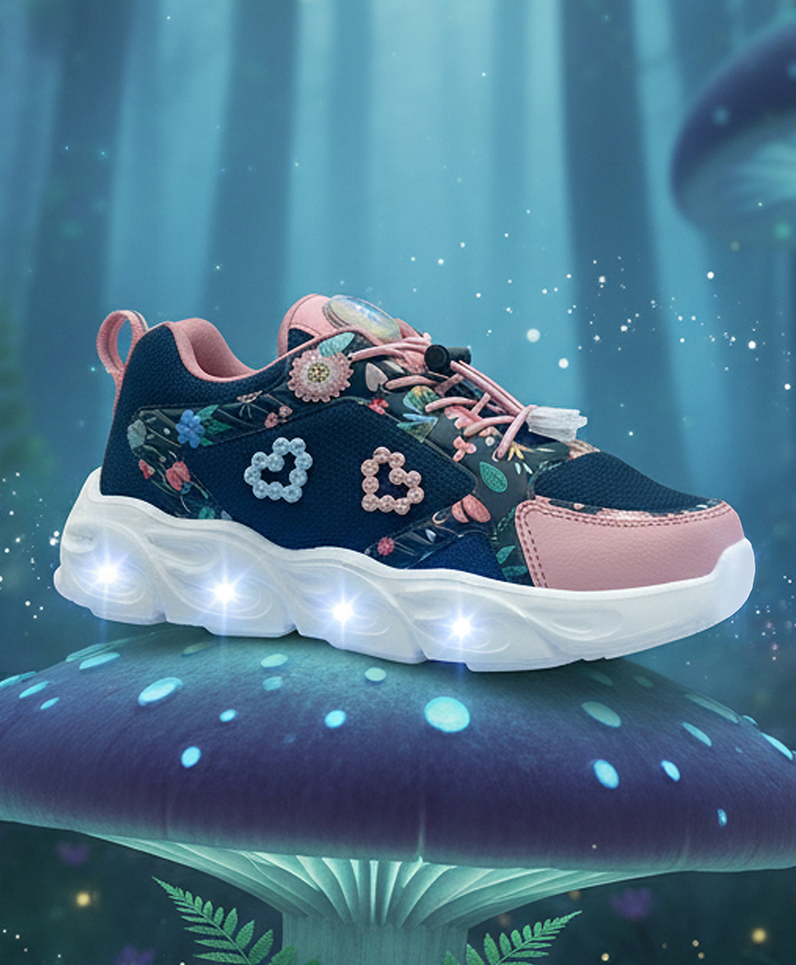 Hopits Floral Designed Beads Embellished Lace Up LED Sneakers - Navy Blue