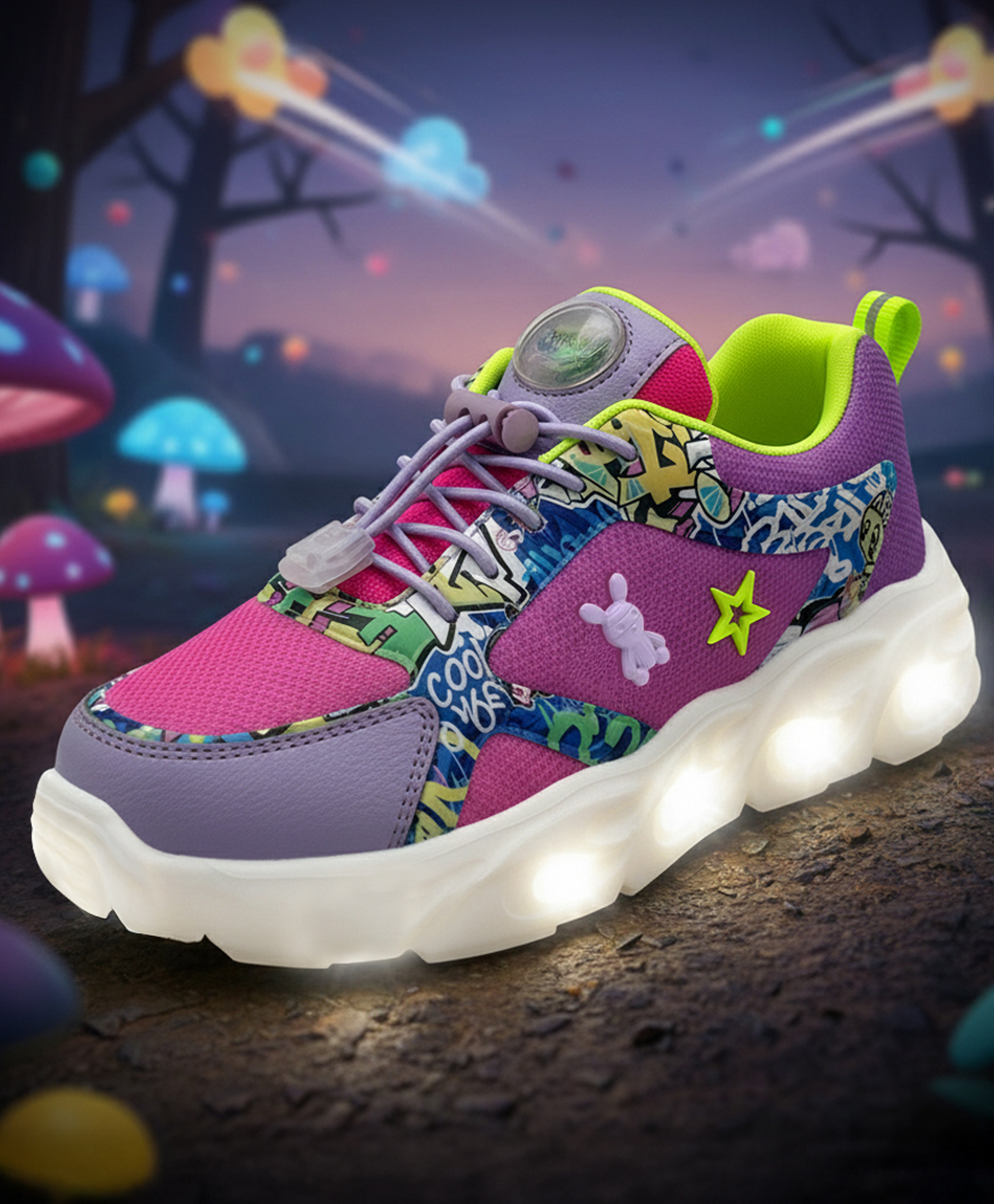 Hopits Graffiti Designed Star Embellished Lace Up LED Sneakers -Pink-image-39