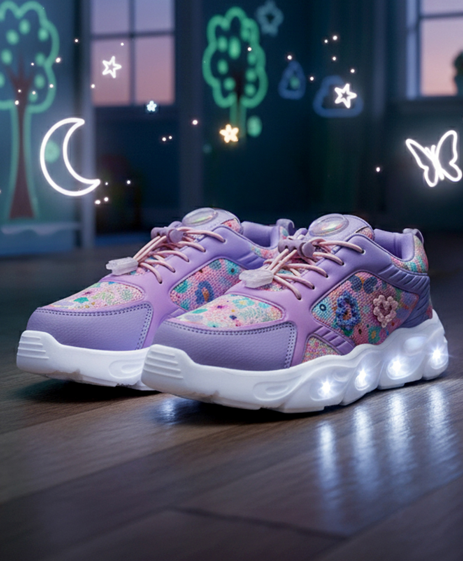 Hopits Floral Designed Beads Embellished Lace Up LED Sneakers - Lavender-image-48