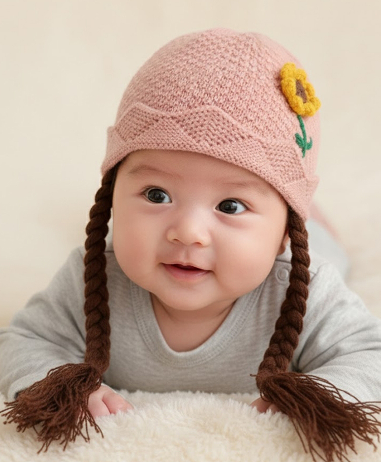 Ziory Sunflower Embroidered Woollen Cap With Braid - Pink - Circumference - 46-50 cm-picture-11