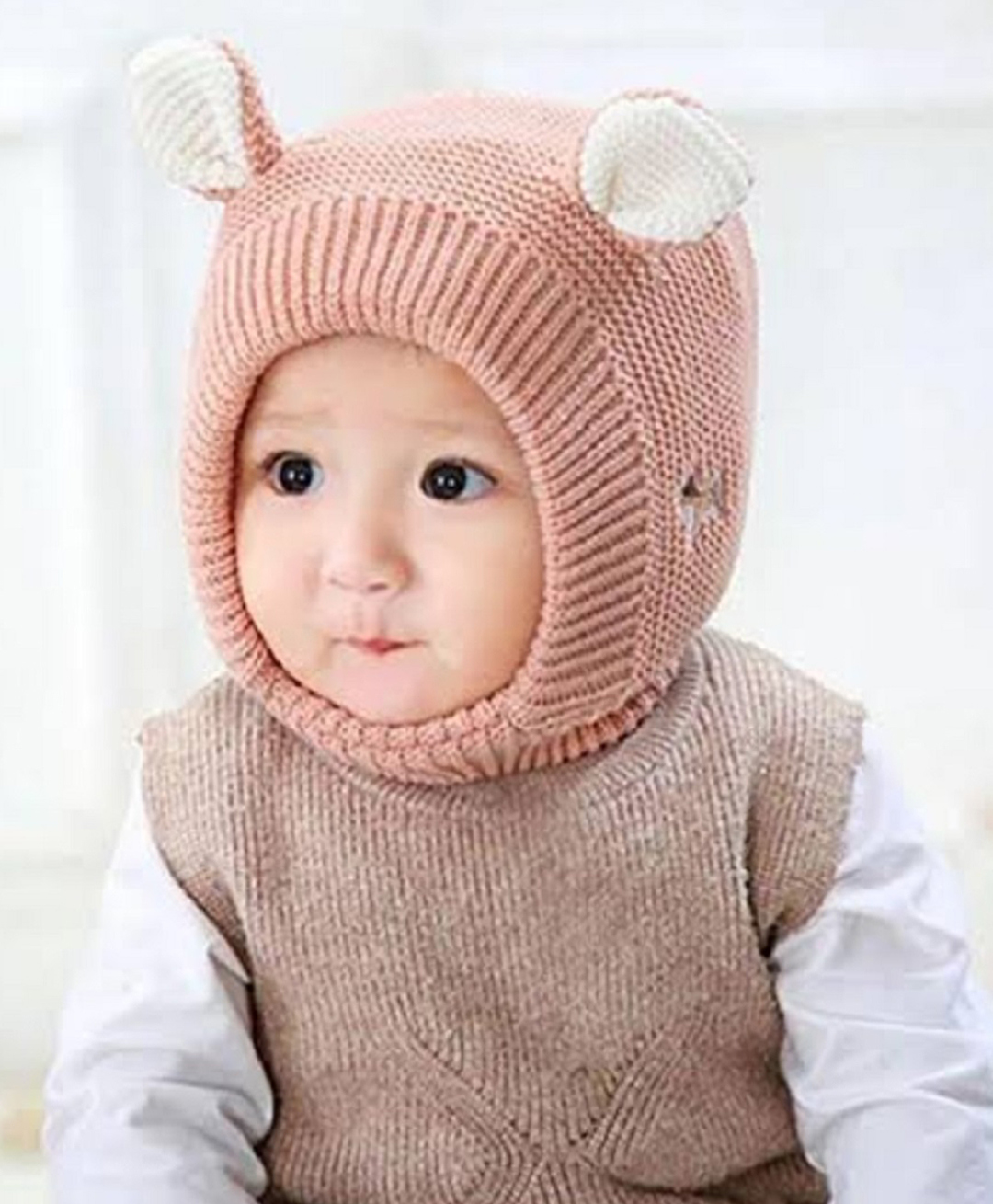 Ziory Woollen Knit Self Designed & Ear Applique Detailed Cap & Scarf Set - Pink - Circumference 50 - 45 Cm-image-14