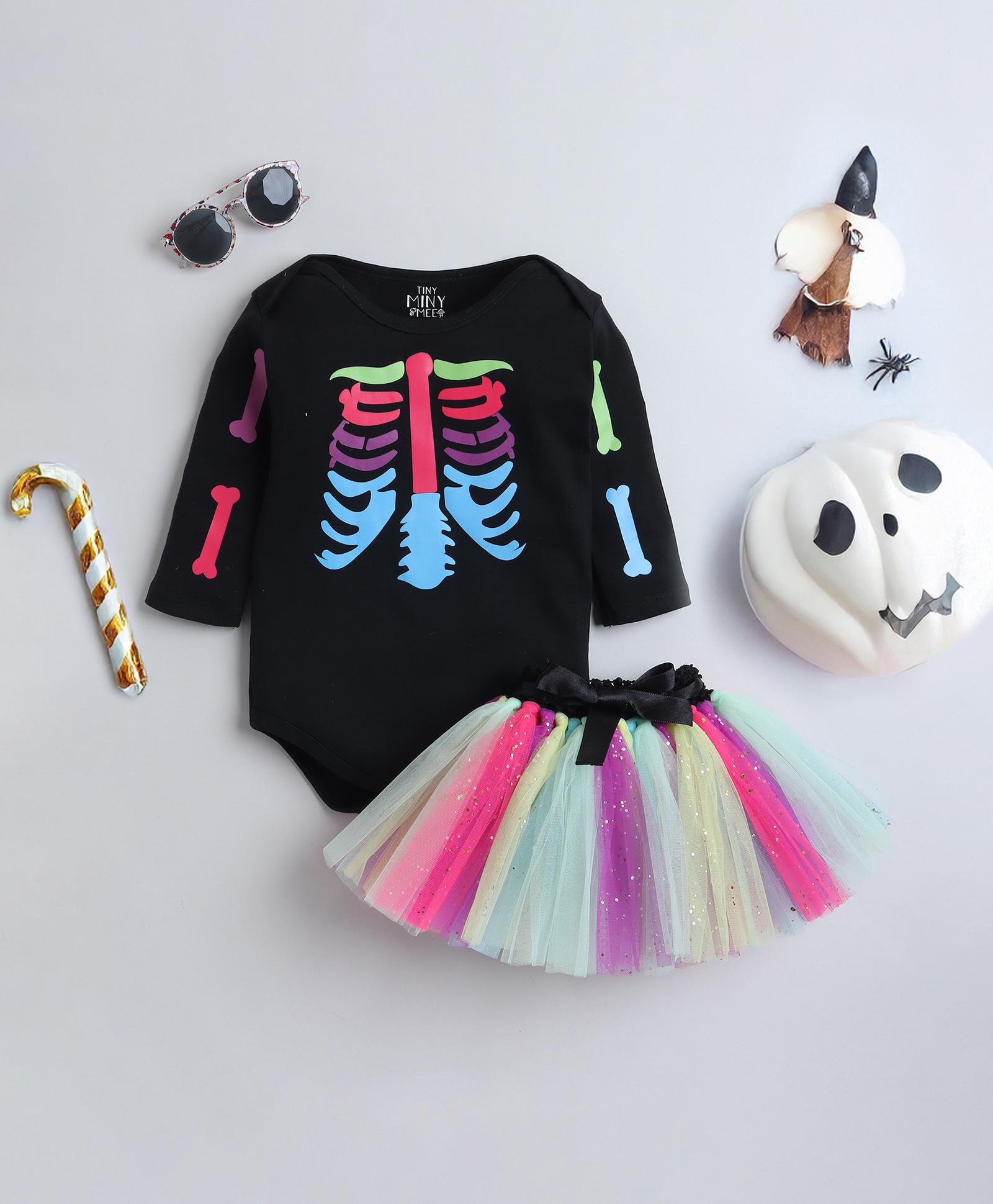 TINY MINY MEE Cotton Lycra Halloween Theme Full Sleeves Skeleton Printed Onesie With Tutu Skirt Set - Black-picture-14