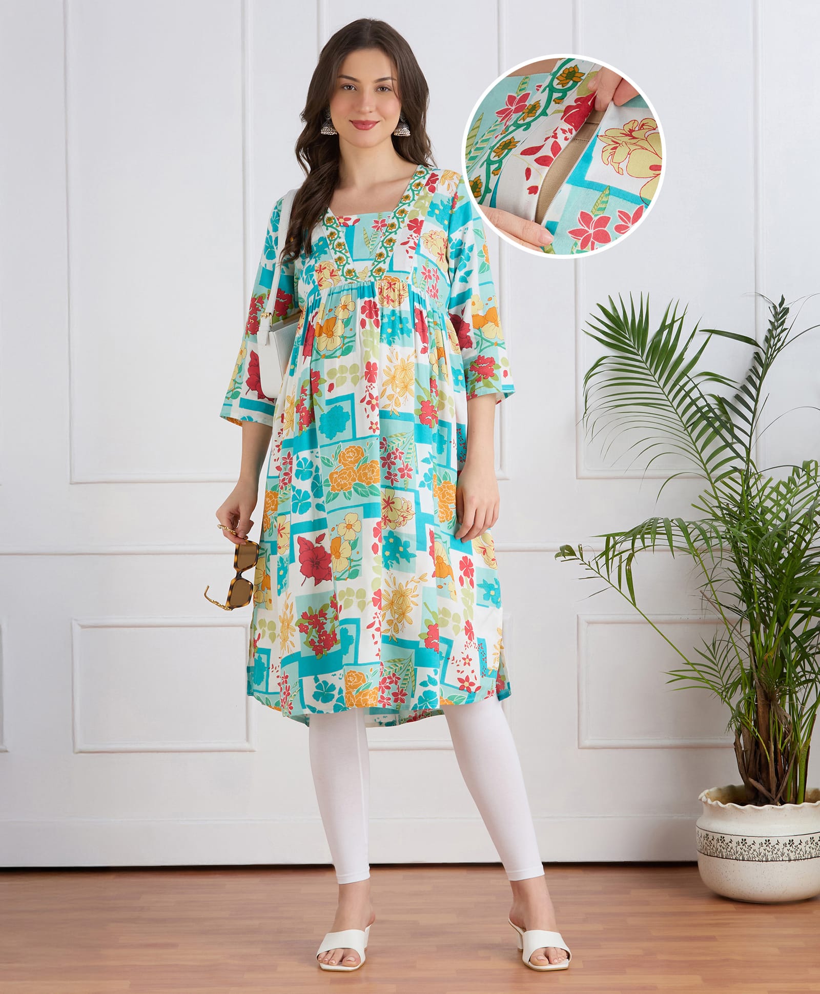 Bella Mama Woven Three Fourth Sleeves Maternity Kurta with Floral Print - Light Blue-image-39