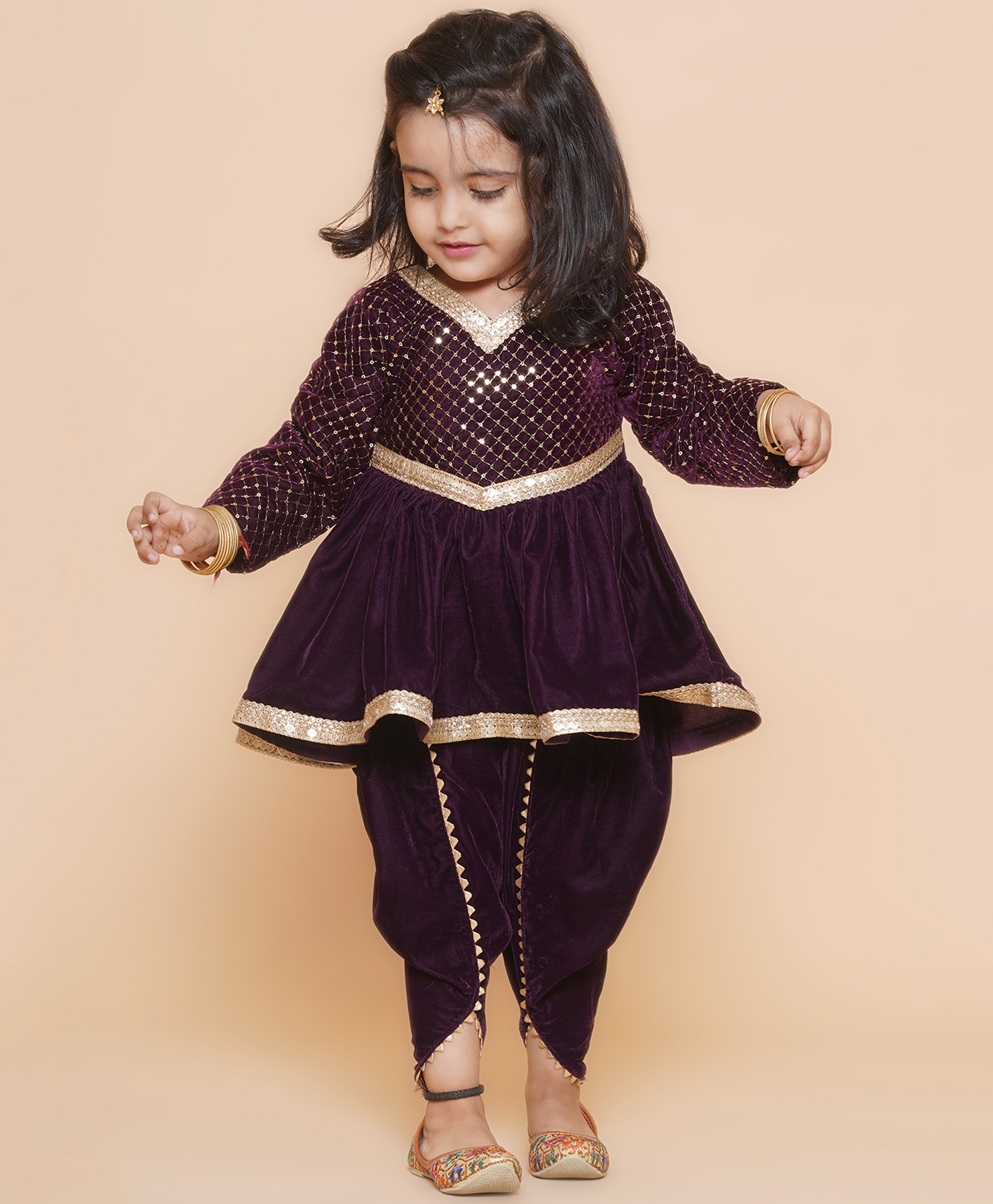 Titrit Velvet Woven Full Sleeves Gota Lace & Sequin Embellished Kurti Dhoti Set - Burgandy-picture-12