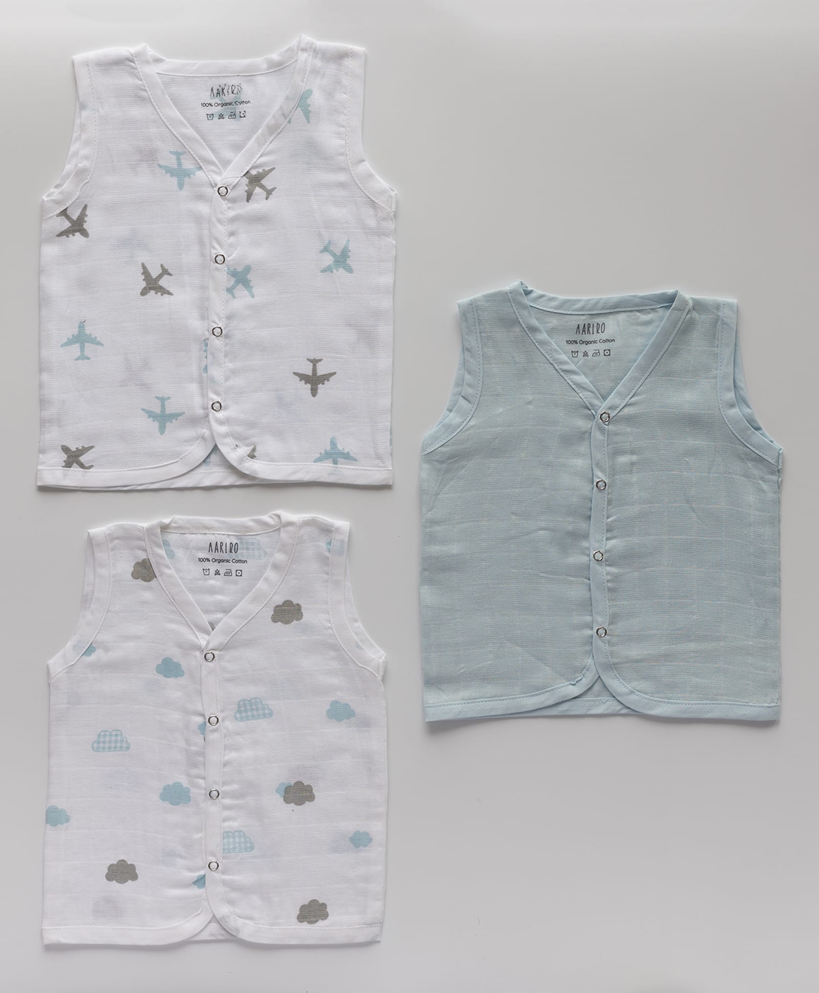 AARIRO 100% Muslin Woven Pack Of 3 Sleeveless Solid Air Planes & Clouds Printed Jablas - White & Light Blue-image-21