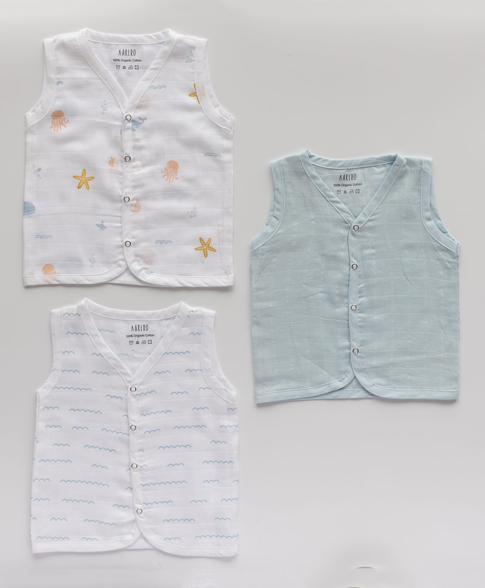 AARIRO 100% Muslin Woven Pack Of 3 Sleeveless Solid Sea Life & Waves Printed Jablas - White & Light Blue-picture-10