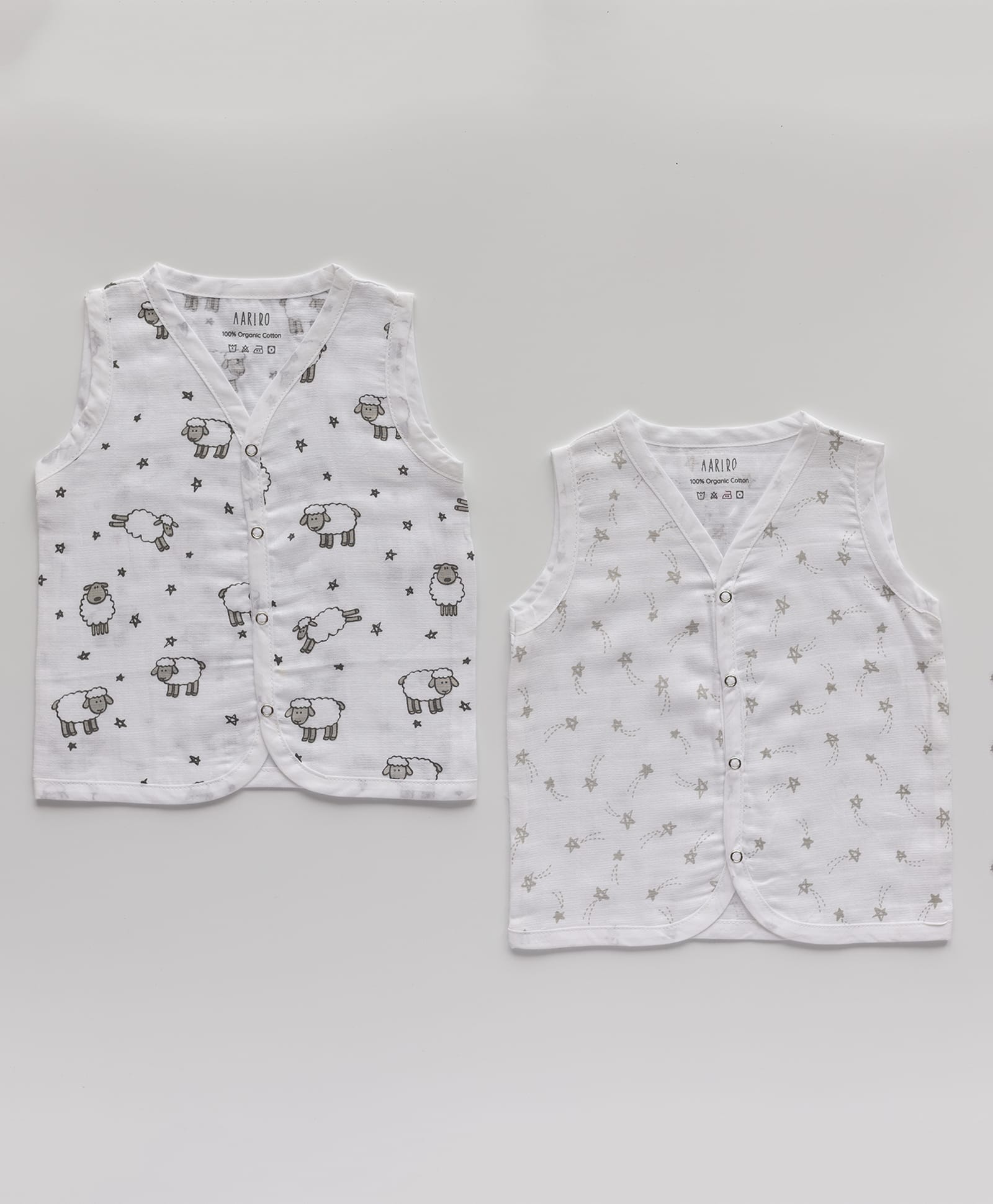 AARIRO 100% Muslin Woven Pack Of 2 Sleeveless Sheep & Stars Printed Jablas - White-picture-7