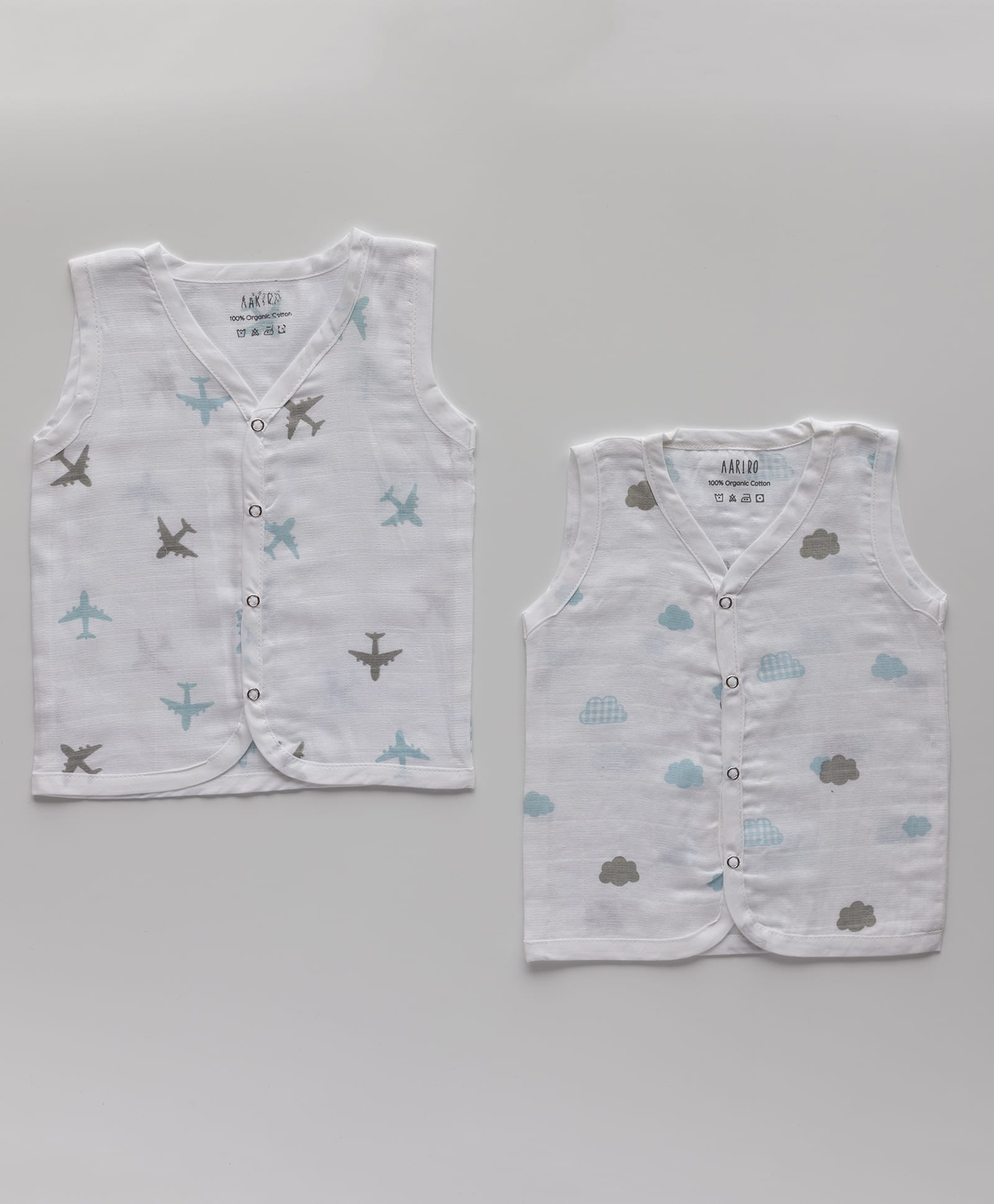 AARIRO 100% Muslin Woven Pack Of 2 Sleeveless Air Plane & Clouds Printed Jablas - White-image-34