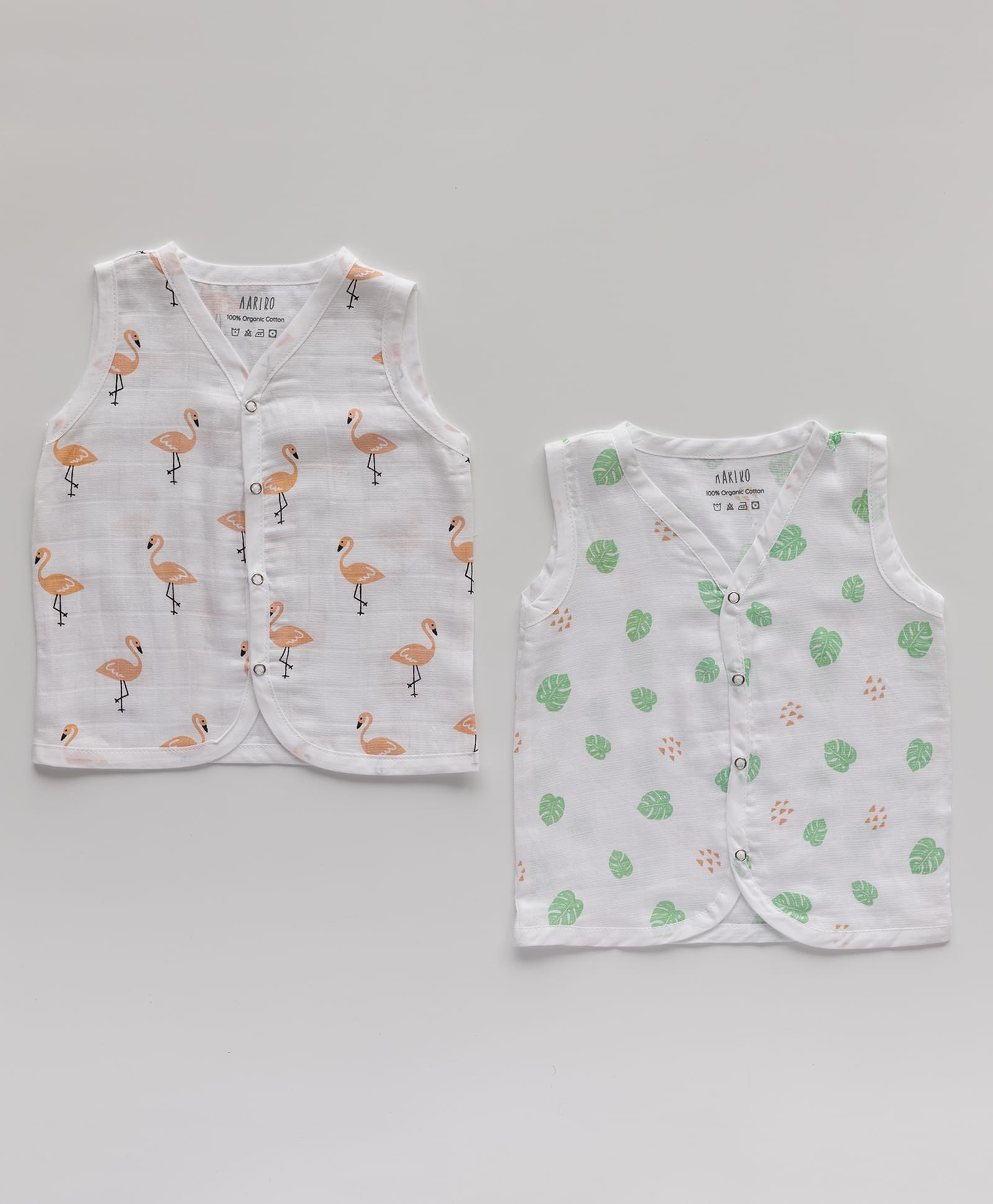 AARIRO 100% Muslin Woven Pack Of 2 Sleeveless Falmingos & Leaves Printed Jablas - White-picture-11